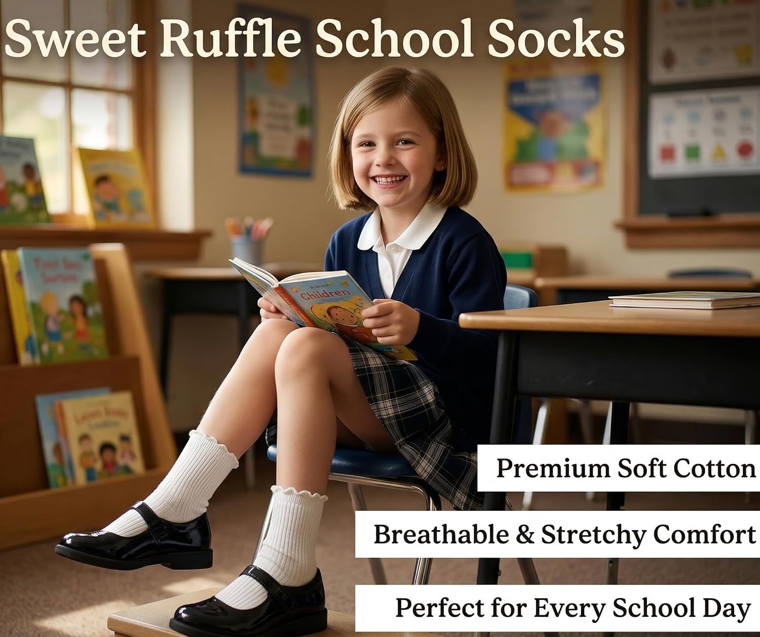 BISOUSOX Girls Ruffle Socks, Girls Socks 6-8 8-12 Years Old, White Cute Frilly Cotton Dress Sock for School Uniforms