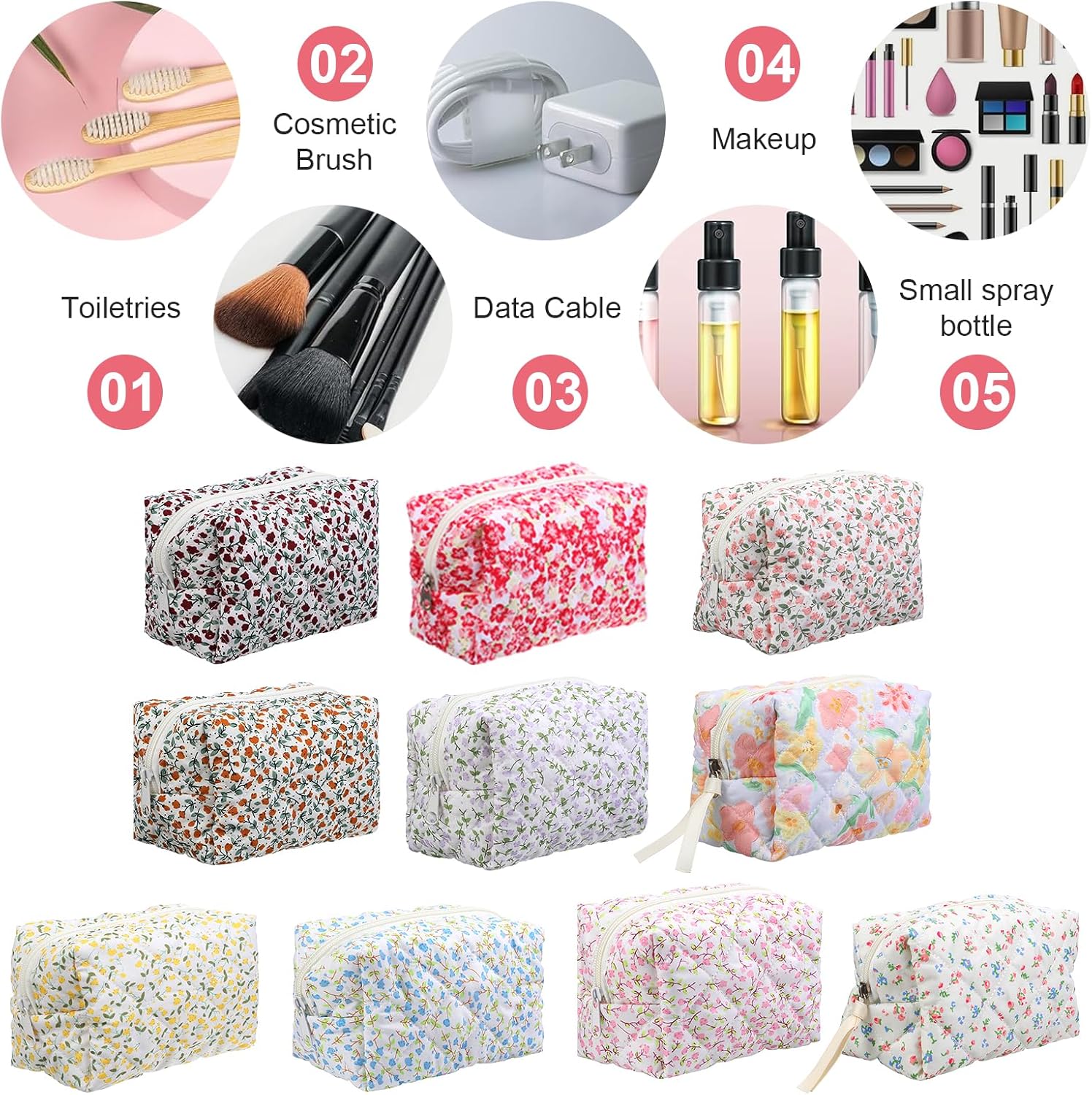 10 Packs Quilted Makeup Bag Different Stylish Floral Designs Flower Theme Toiletry Cosmetic Bag Aesthetic Makeup Pouch Floral Emergency Kit Pouch for Traveling