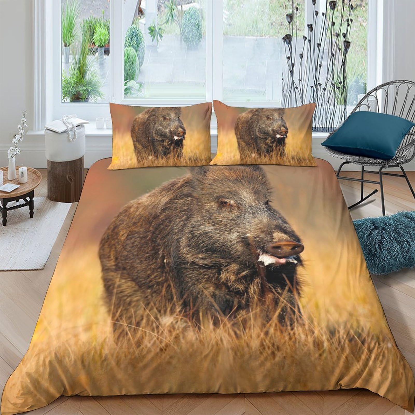 GPLZQXKJNH 3D Printed Wild Boar Duvet Cover Microfiber Soft Breathable Forest Animal Bedding Set with 2 Pillowcases for Bedroom Decor Single（135x200cm）
