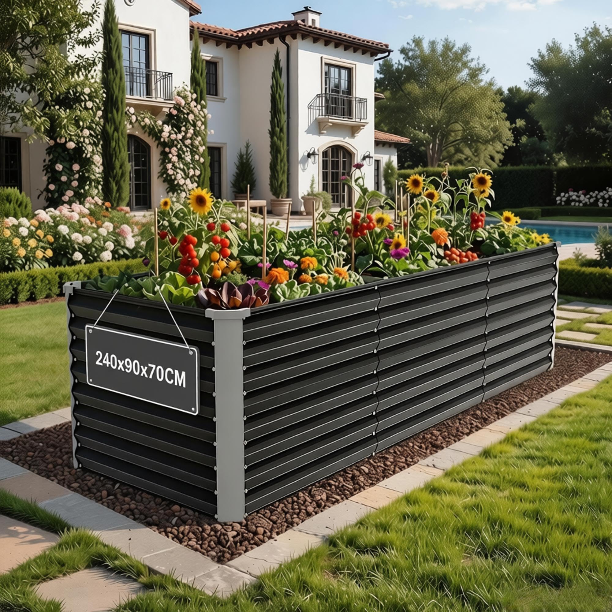 DWVO Raised Beds for Garden,1512L Raised bed Metal,0.35mm Galvanised Steel galvanised planter with Safety Edging&4pcs Support Rod for Garden Vegetables Fruit(Black 240X90X70CM) — image 1
