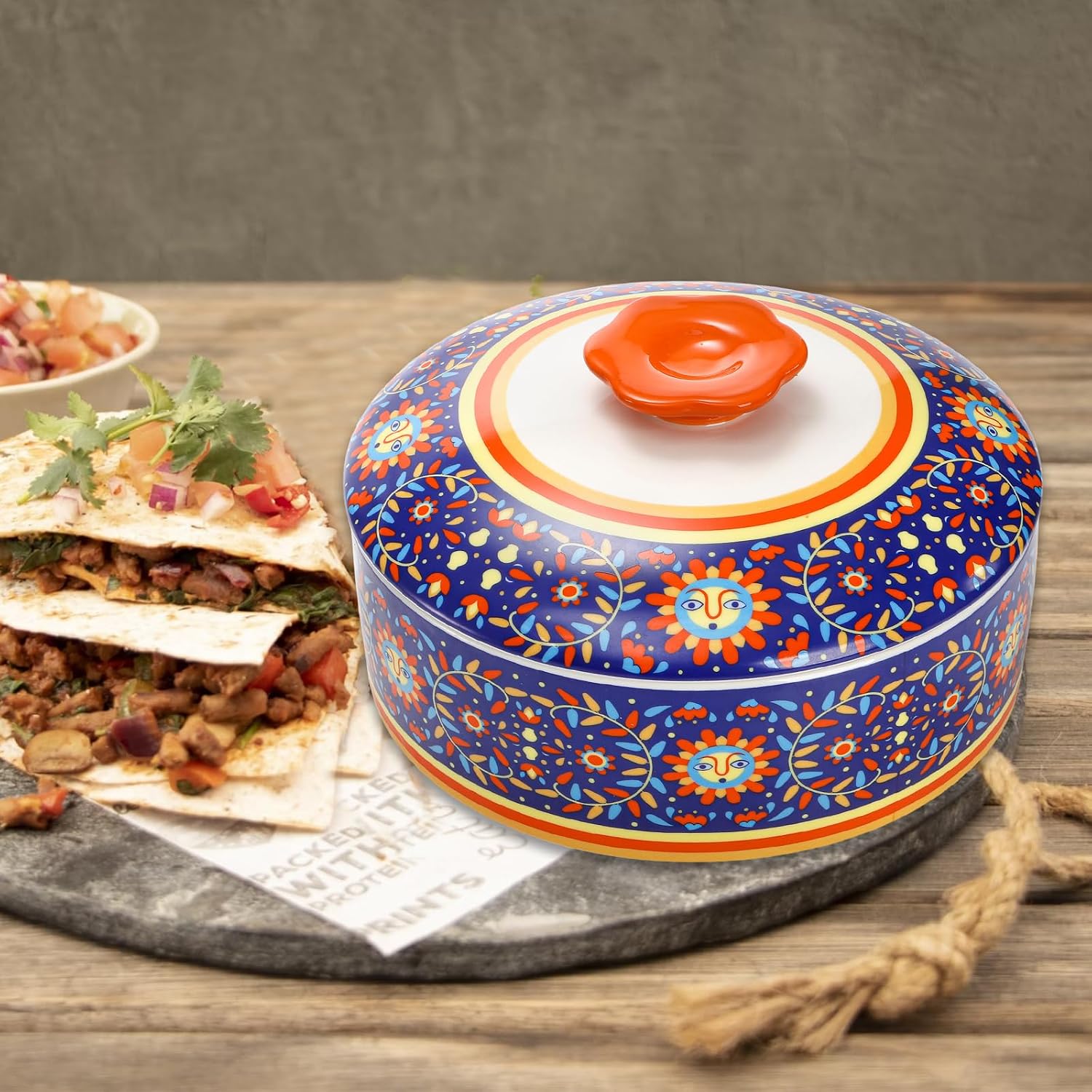 WRINGKIT Ceramic Tortilla Warmer, 8.5 Inch Tortilla Holder with Lid, Tortilla Pancake Keeper Storage Container for Flour Taco, Chapati, Roti Bread, Microwave Dishwasher Safe