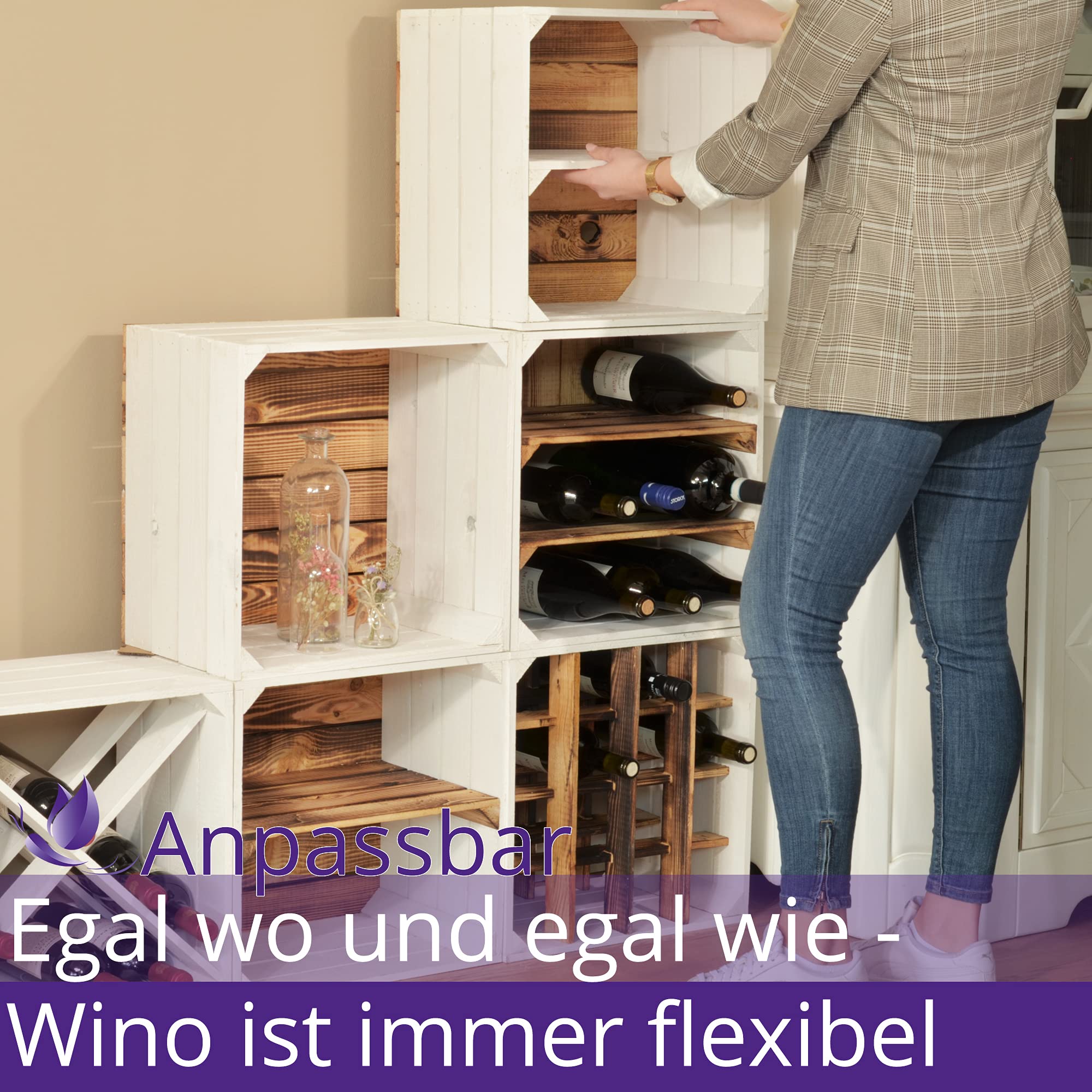 3 Set Weinregal Wino aus Holz - Weiß 2x Regal Holzkiste