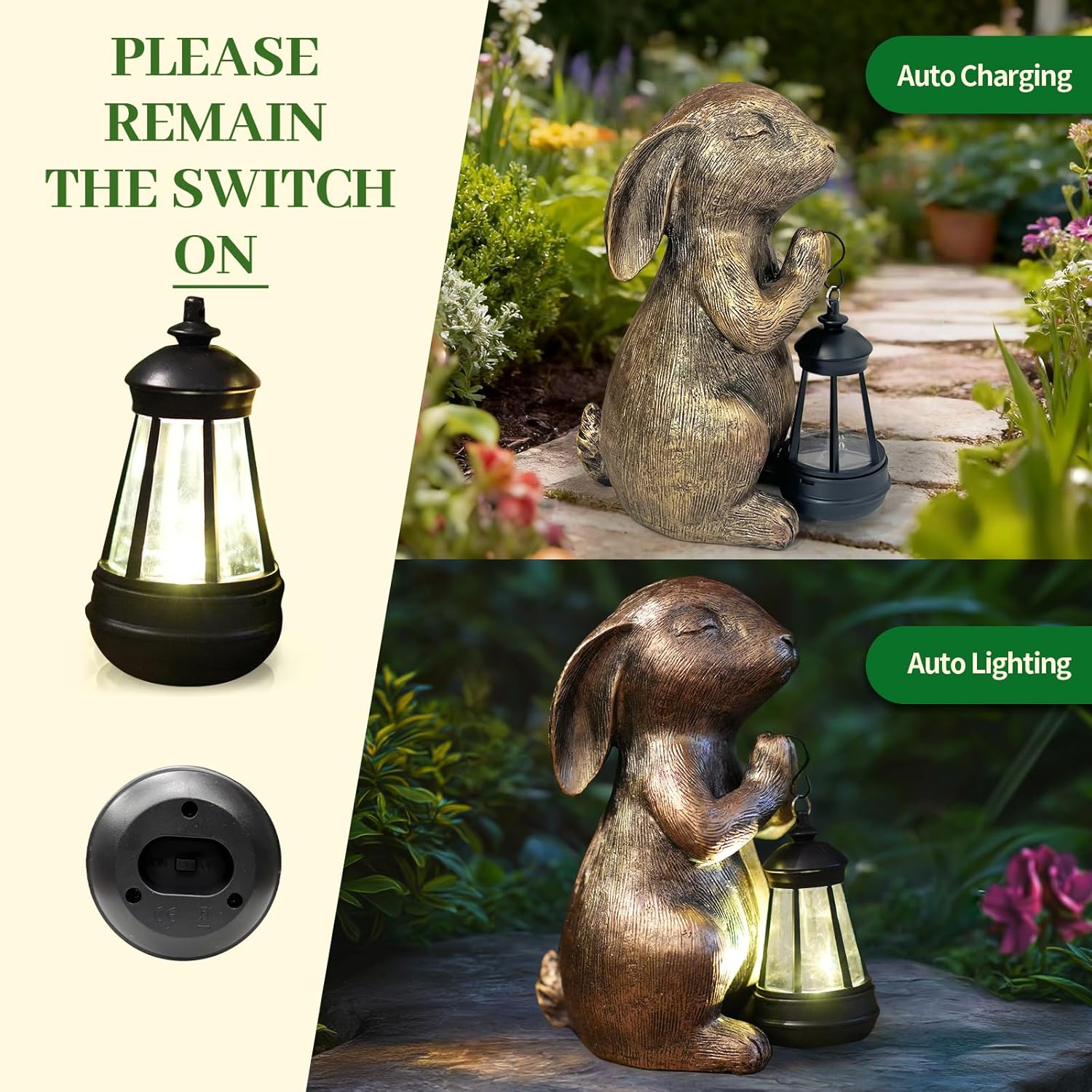Solar Garden Statue Rabbit Outdoor Decor, Bunny Figurines with Solar Lantern, Yard Decorations for Patio Balcony Yard Lawn Ornaments - Unique Birthday Easter Housewarming Gifts for Women, Mom, Grandma