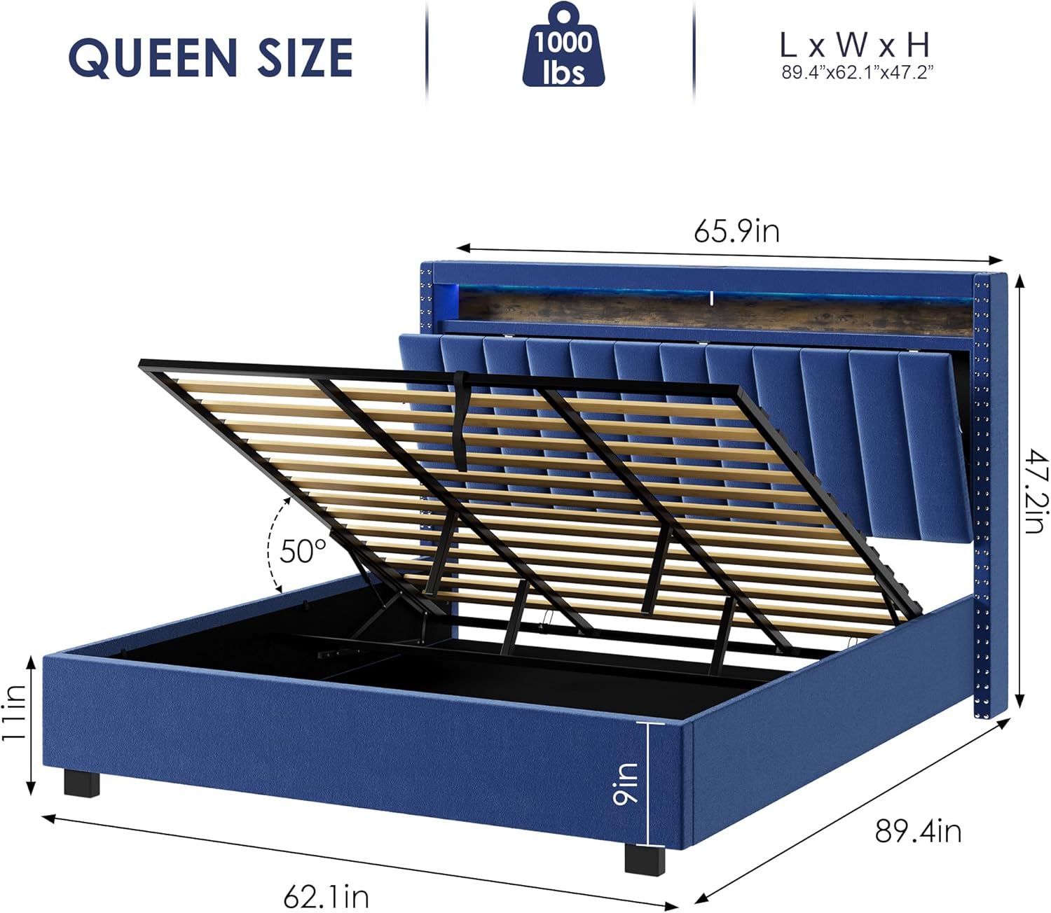 Diagram illustrating the dimensions of the Queen size bed and the 50-degree lift angle of the gas mechanism.