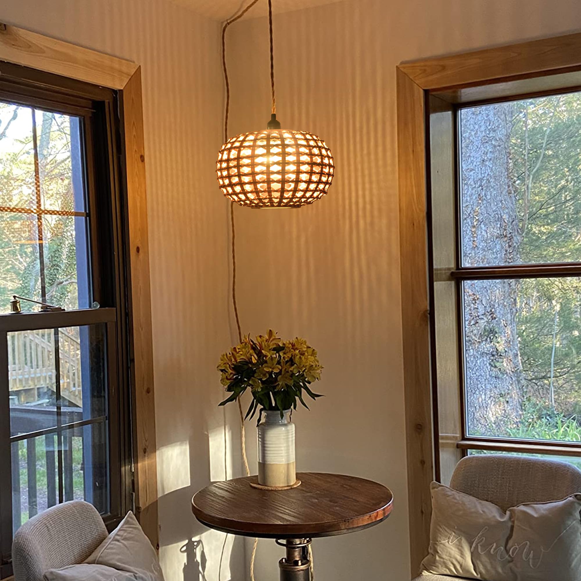 XININSUN Dimmable Plug in Pendant Light Rattan Hanging Lights with Plug