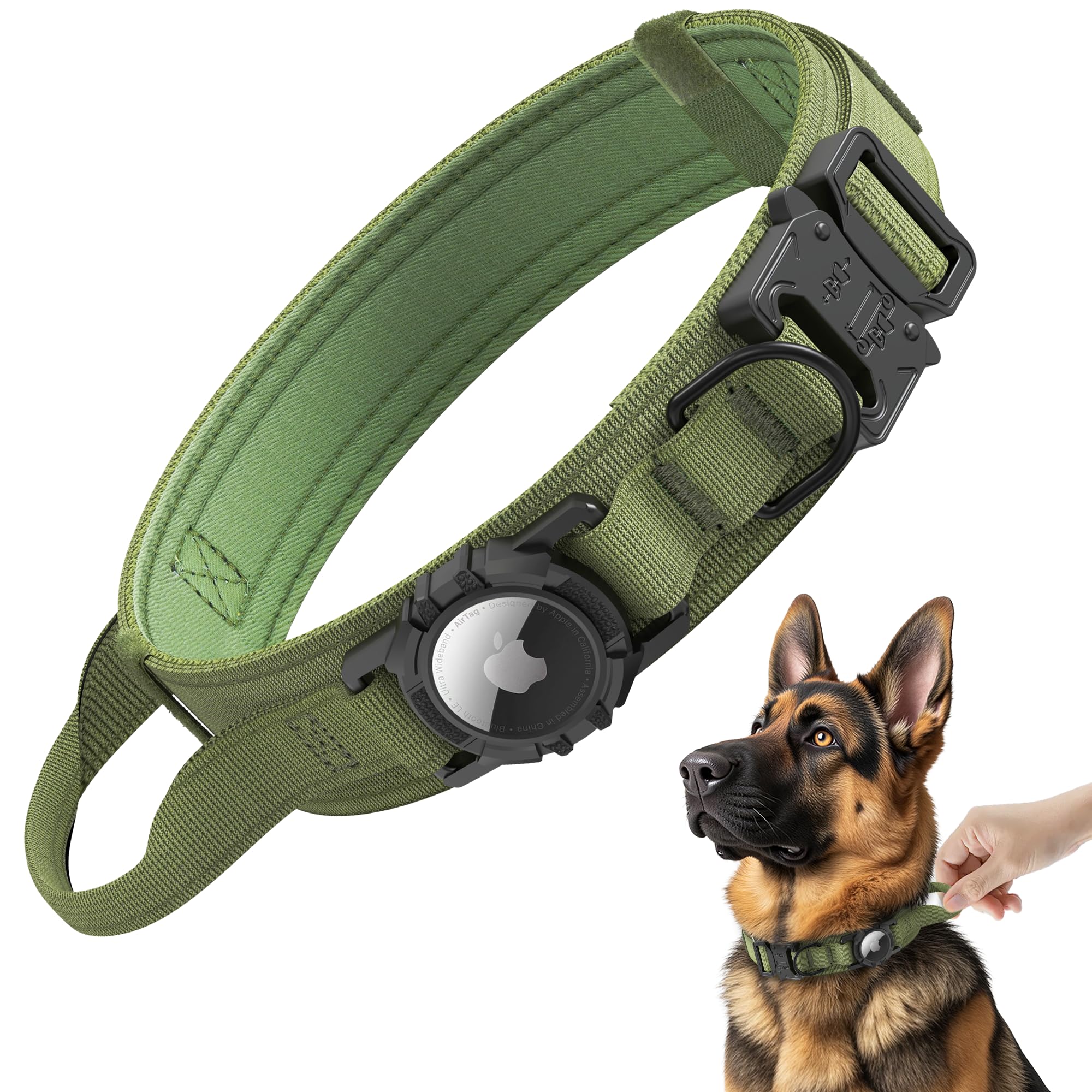 Tactical AirTag Dog Collar - Heavy Duty, Adjustable GPS Collar Compatible with Apple AirTag, with Holder & Control Handle for Medium/Large Dogs [