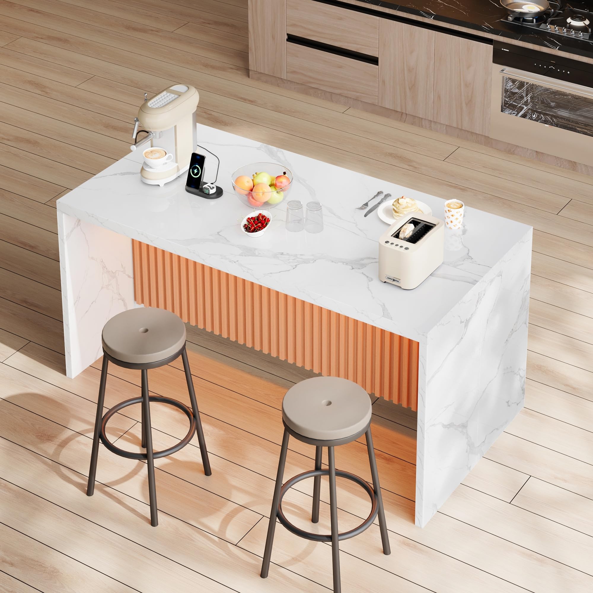 Isola da cucina, frontale in marmo bianco, 155 x 80 x 90 cm, piano di lavoro spesso 40 mm, isola da cucina moderna dal design industriale