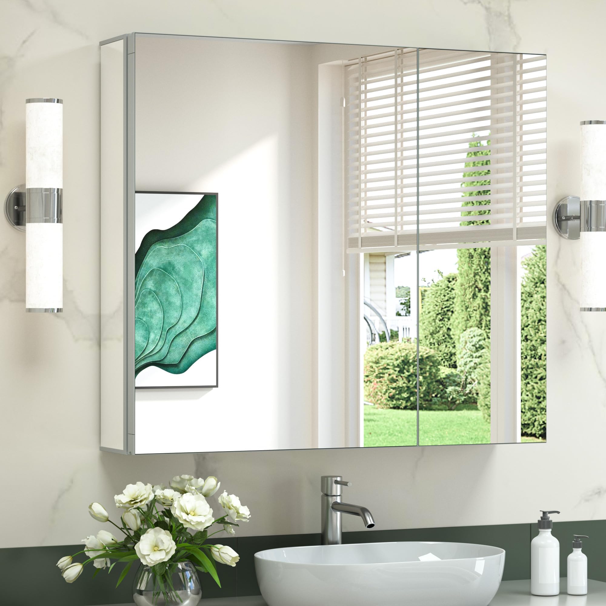 TokeShimi 30x26 Medicine Cabinet Mirror Frameless,Full-Overlay Mirrors,Aluminum Bathroom Mirror Cabinet with Adjustable Tempered Shelves