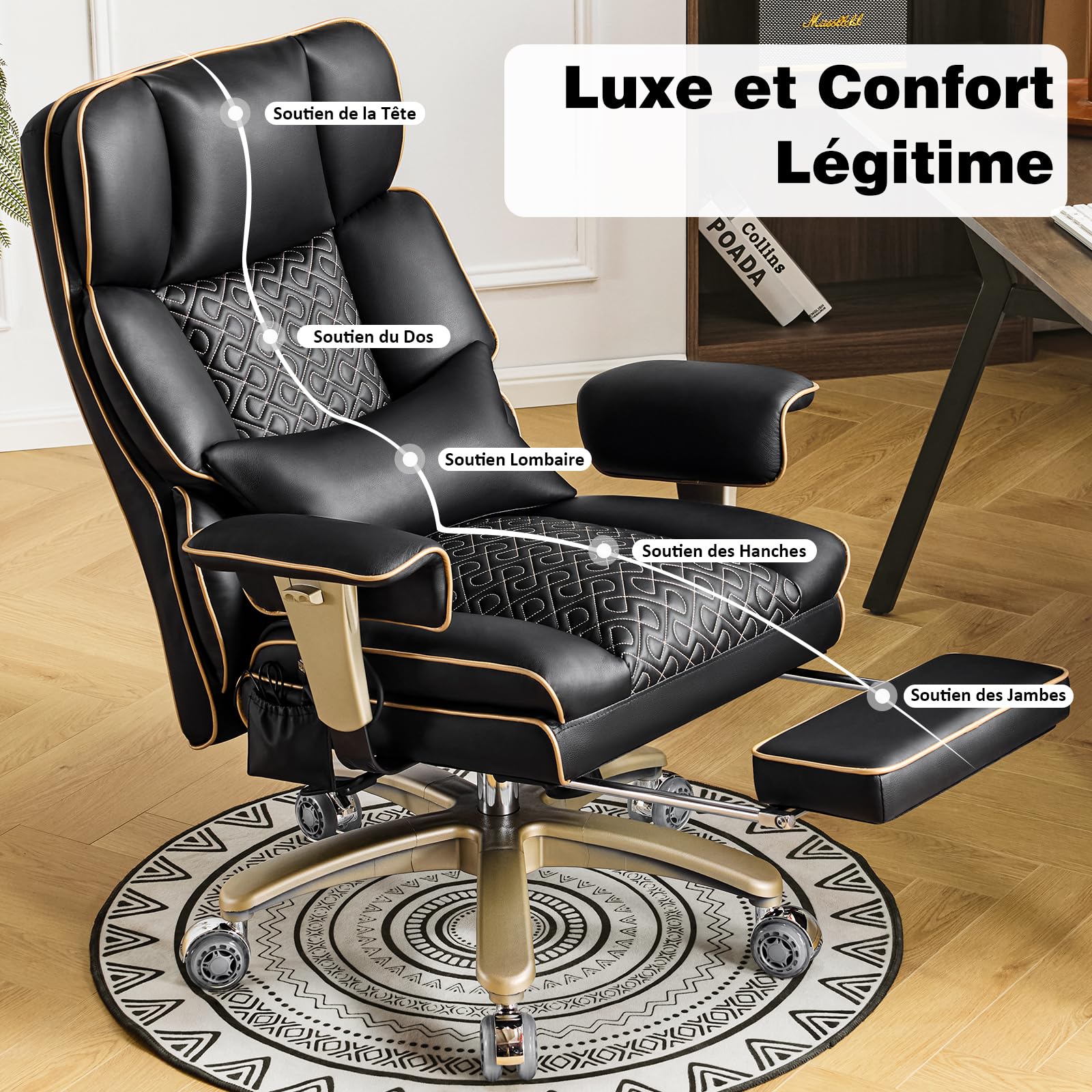 Chaise De Bureau Ergonomique Avec Accoudoirs Réglables Et Soutien Lombaire, Chaise De Direction Robuste En Cuir, Grande Et Haute, Supportant Jusqu'à 230 Kg, Avec Siège Réglable En Hauteur, Noir