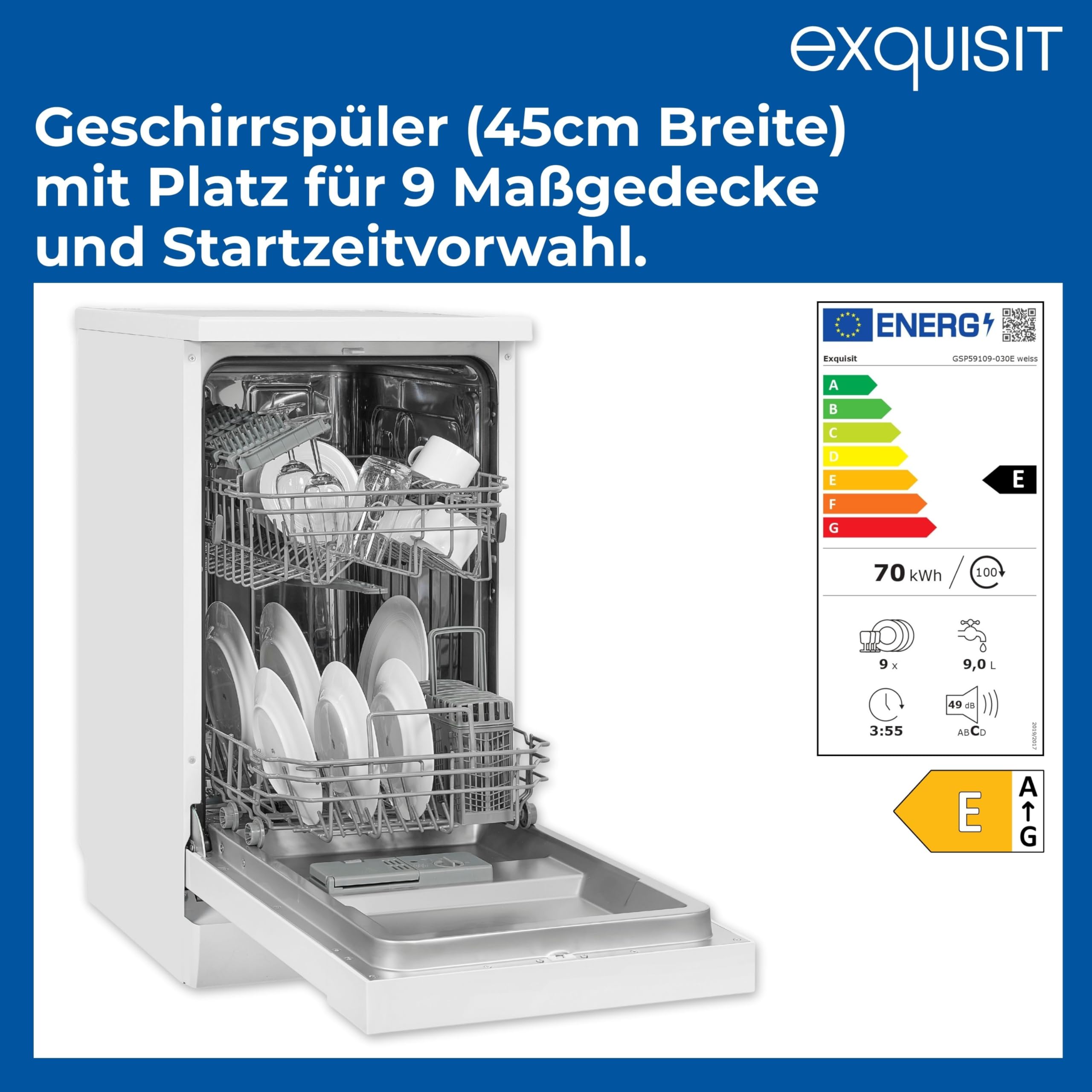 Exquisit Geschirrspüler 9 Maßgedecke Energieklasse E 49 dB 6 Programme Edelstahl-Bottich weiss