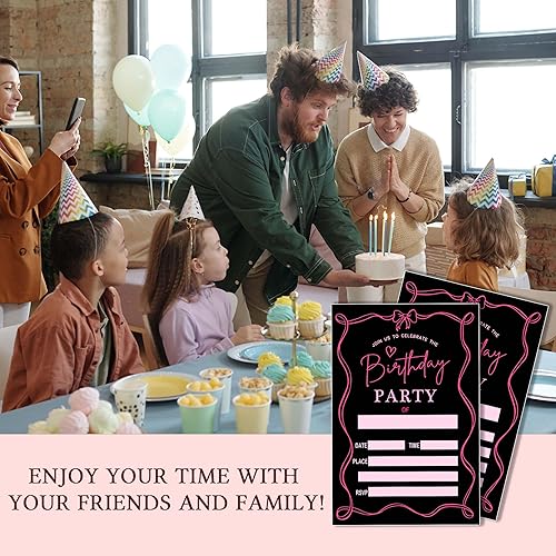 Miniatura 6 de ukebobo Invitación de cumpleaños retro con lazo rosa, invitación de fiesta de cumpleaños de 4 x 6, invitación de cumpleaños negra, 20 tarjetas de