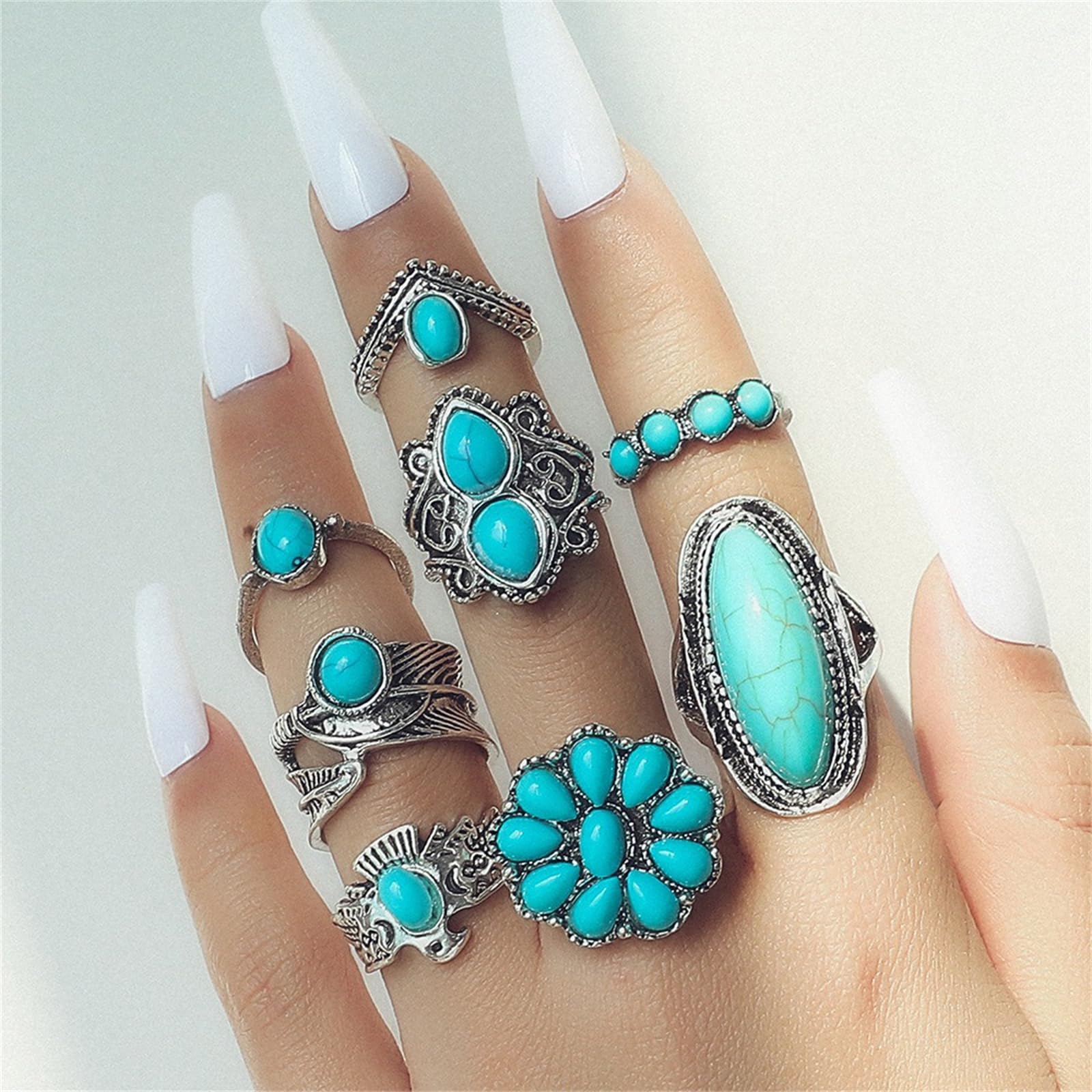 Juego de anillos bohemios de turquesa para mujer, anillos occidentales gruesos y gruesos de ópalo turquesa apilable, juego de anillos de nudillos punk de cristal midi, joyería bohemia, Metal, Sin 4