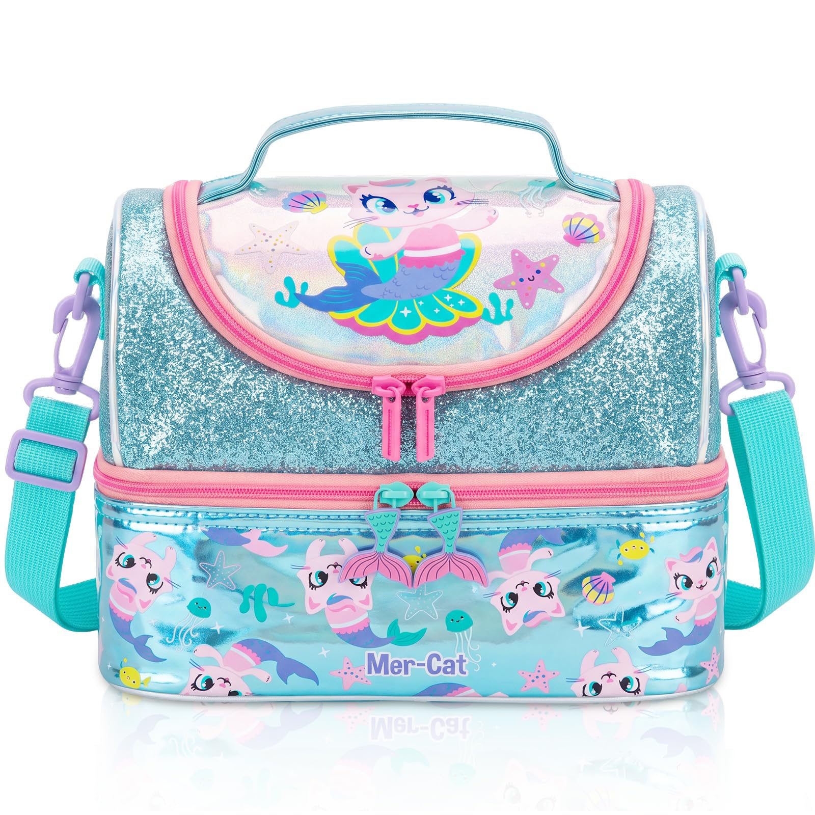 PinkSheep Kids Double Decker Cooler Insulated Lunch Bag Large Tote for Boys, Girls, Men, Women, with Adjustable Strap, Unicorn (Catfish)