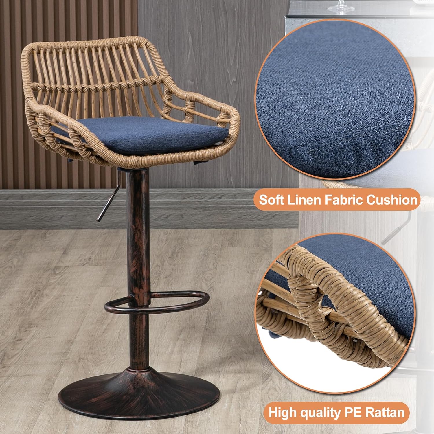 Rattan Bar Stools Set of 2, Boho Wicker Woven Barstools with Linen Cushion, Swivel & Adjustable Vintage Leg Bar Stool for Kitchen, Patio, Outdoor (Blue)