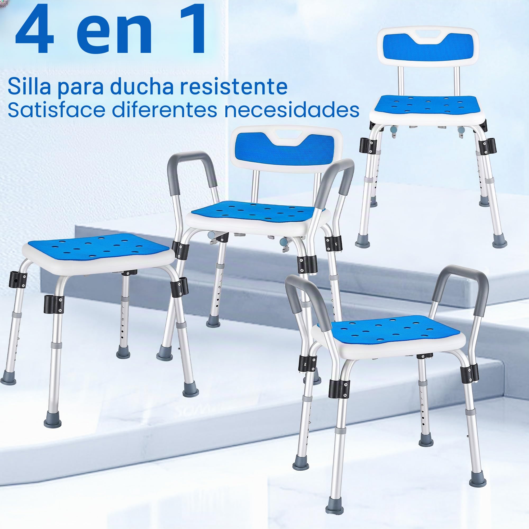 Silla Ducha Personas Mayores con Reposabrazos y Respaldo, Taburetes para Ducha Antideslizante, Asiento de Baño con Altura Regulable en 6 Niveles Ayuda Ancianos y Discapacitados, Azul