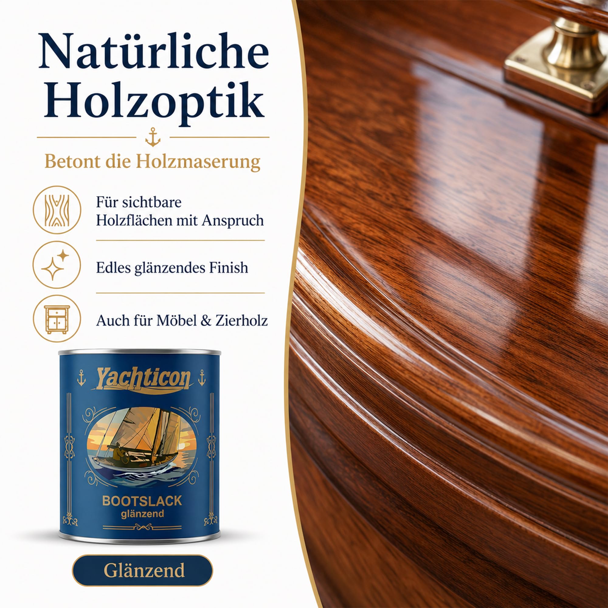 YACHTICON Bootslack 1K Klarlack | Glänzend & Seidenmatt | Premium Holzlack für Boot, Parkett & Möbel | Wetterfest, UV-Stabil & Blockfest | Made in Germany
