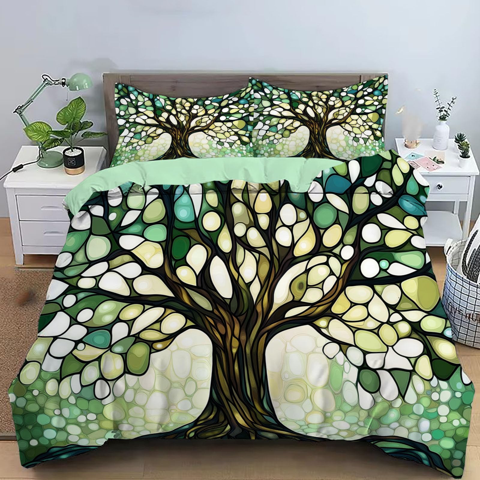 Housse de couette 220x240 anti-plis en microfibre douce pour lit enfant réversible vert menthe