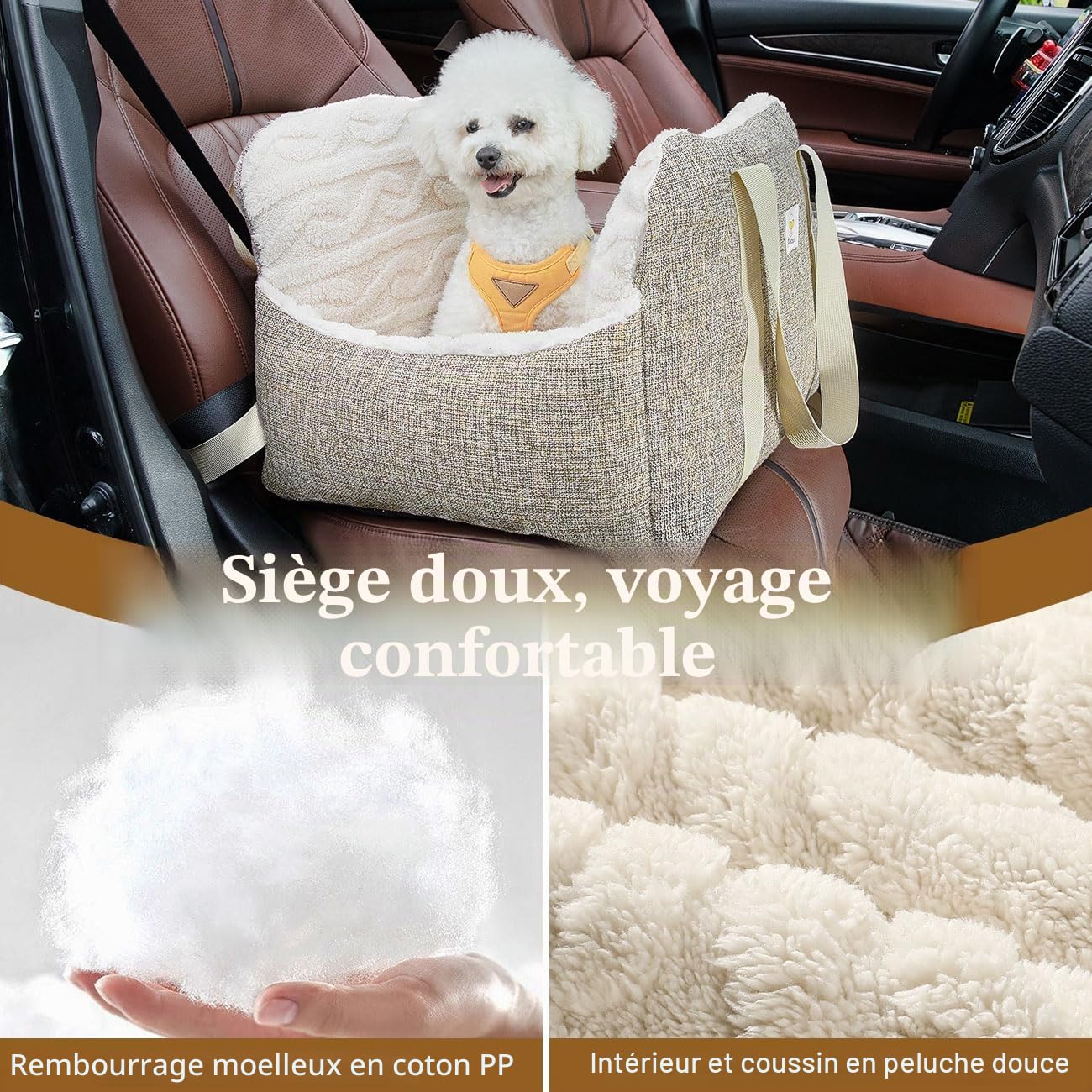 Pawaboo Siège d'Auto pour Petit Chien, Siège de Voiture pour Chiens avec Boucle de Fixation et Laisse de Sécurité, Sac de Transport de Voiture Rembourré pour Animal jusqu'à 25 Livres, Brun + Beige