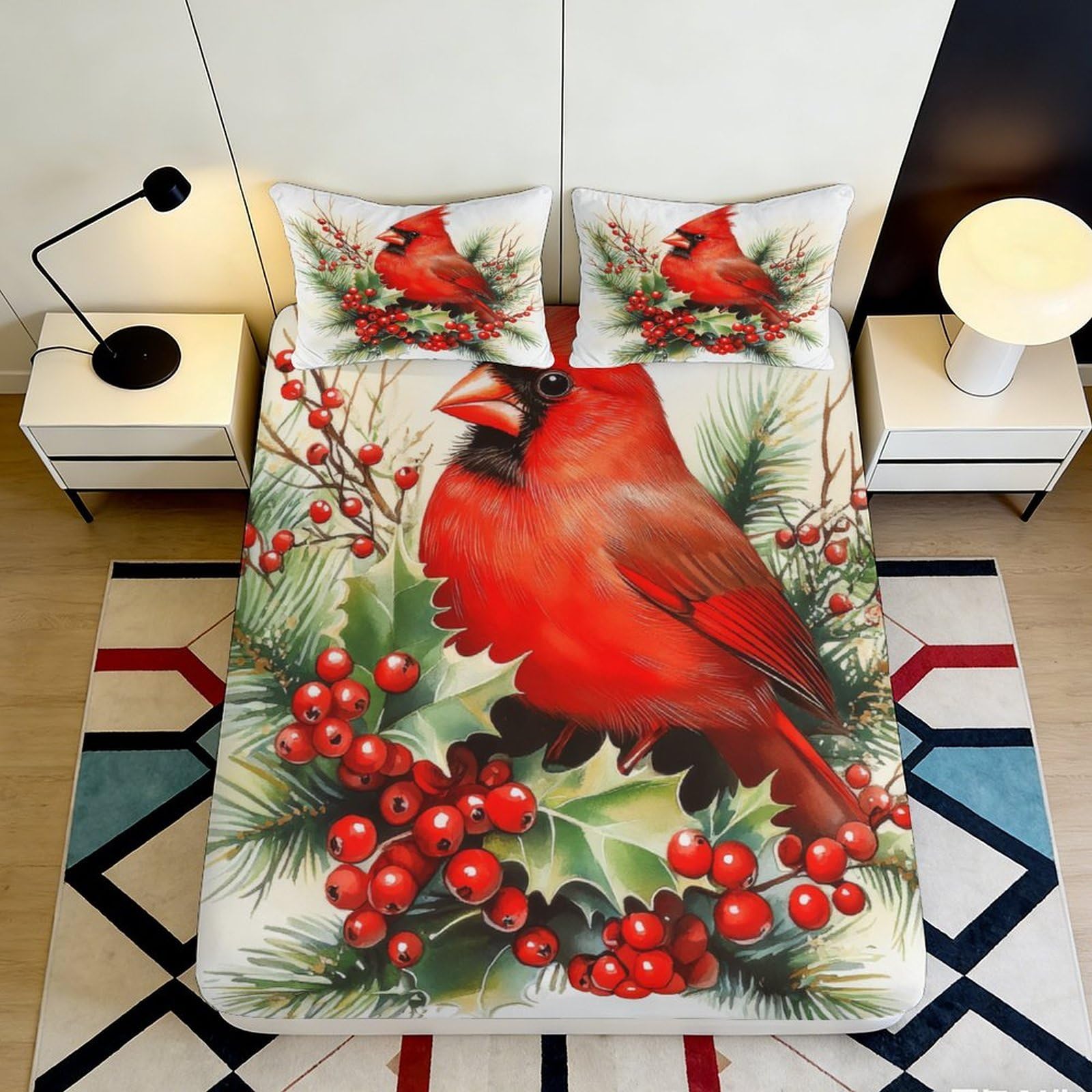 3D Printed Red Cardinal Fitted Sheet Microfiber Soft Christmas Berry Bed Cover Anti-Slip Easy Care for Bedroom Guestroom 90x200x25cm