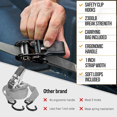 Miniatura 7 de FORTEM Correas de trinquete, resistencia a la rotura de 2300 libras, paquete de 4 correas de amarre de 15 pies x 1 pulgada, 4 bucles suaves, correas