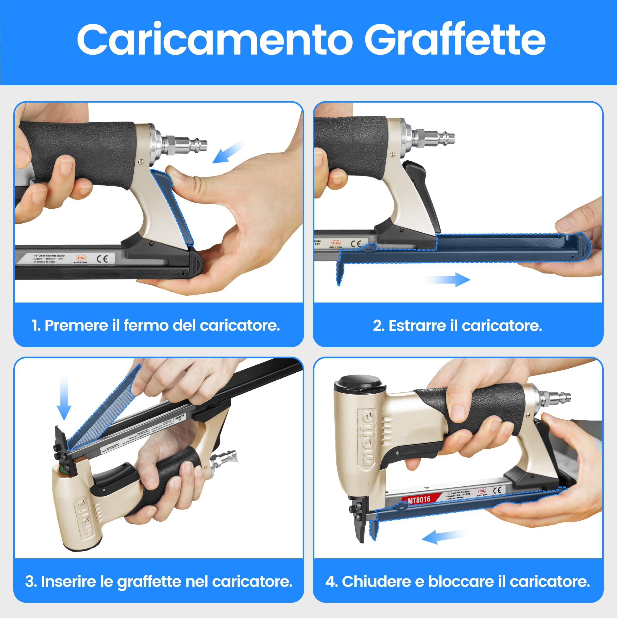 meite MT8016 Graffettatrice Pneumatica, Sparachiodi ad Aria Compressa per Tappezzeria e Lavorazione del Legno, 21GA Tipo 80, Graffette 6–16 mm per Falegnameria e Fai da Te