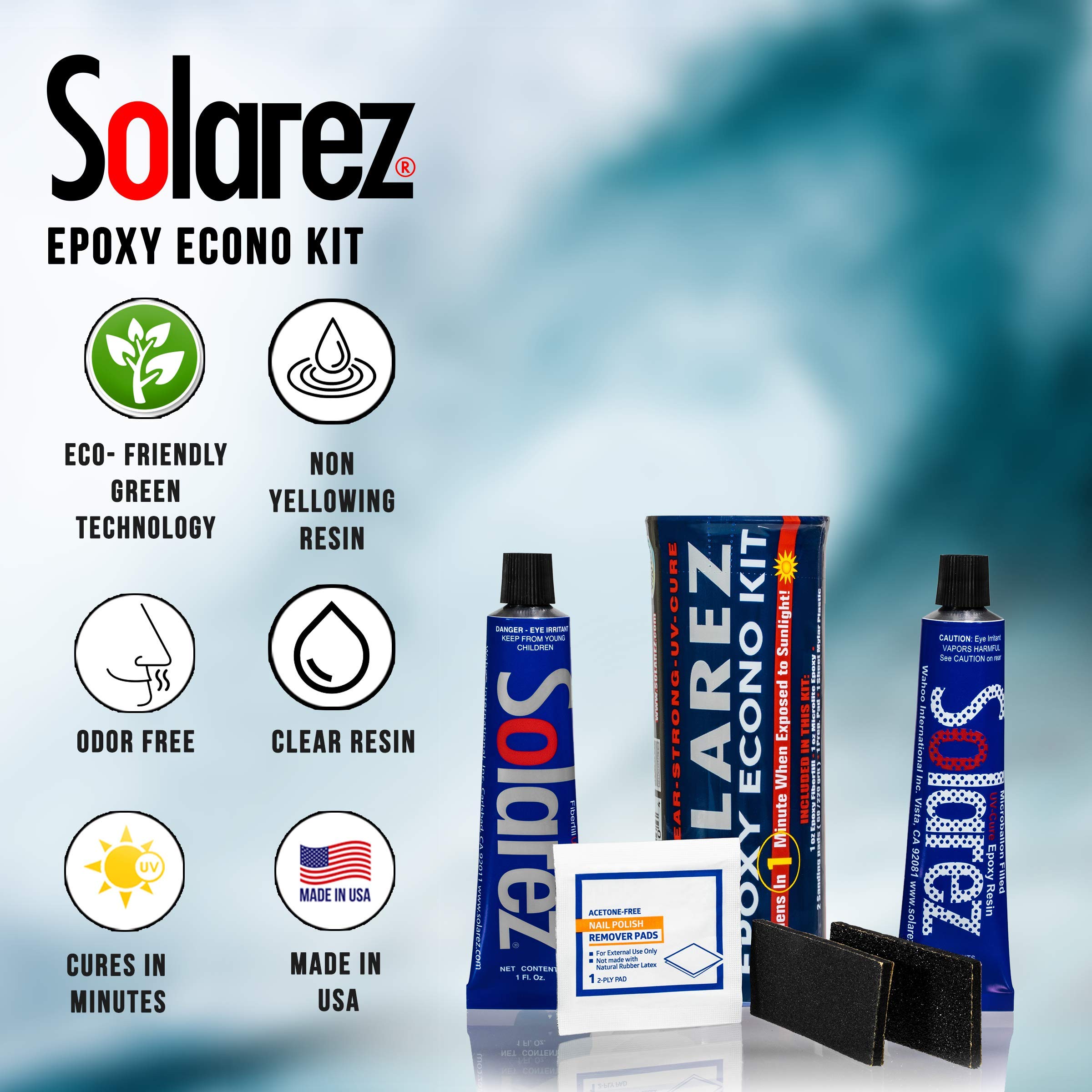 SOLAREZ EPOXY Econo Gift Kit ~ UV Cure Surfboard Repair Epoxy, SUP, Wakeboard Repair, w Epoxy Fiberfil stucco, Tubo Microlite Stucco Epossidico, 2 cuscinetti di sabbia e acetone Prep-Pad~ Prodotto