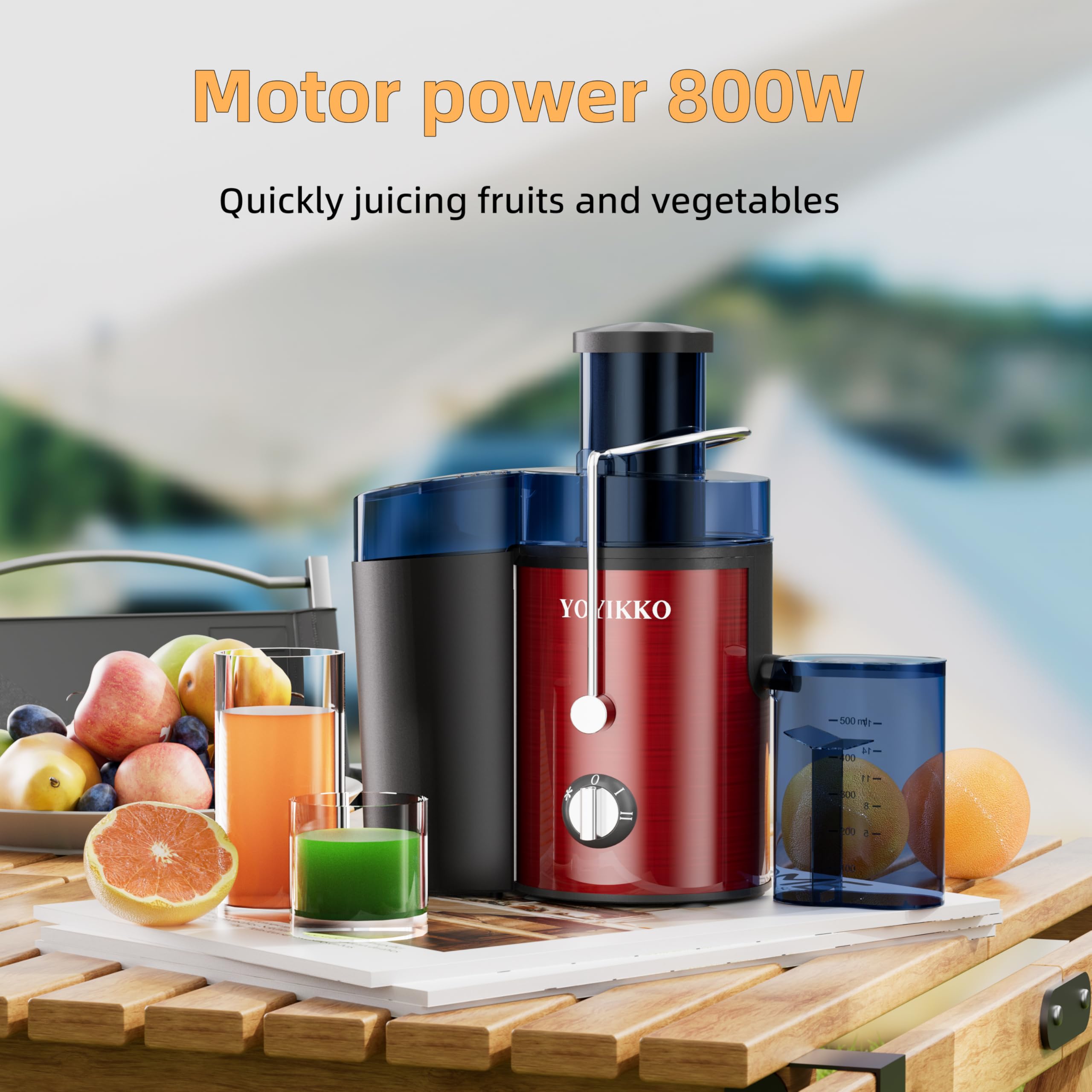 Licuadoras Para Verduras y Frutas, ajuste de 3 velocidades, extractor de frutas y verduras de 800W con boca ancha de 75 mm, fácil de limpiar, acero inoxidable sin BPA (Rojo-60)