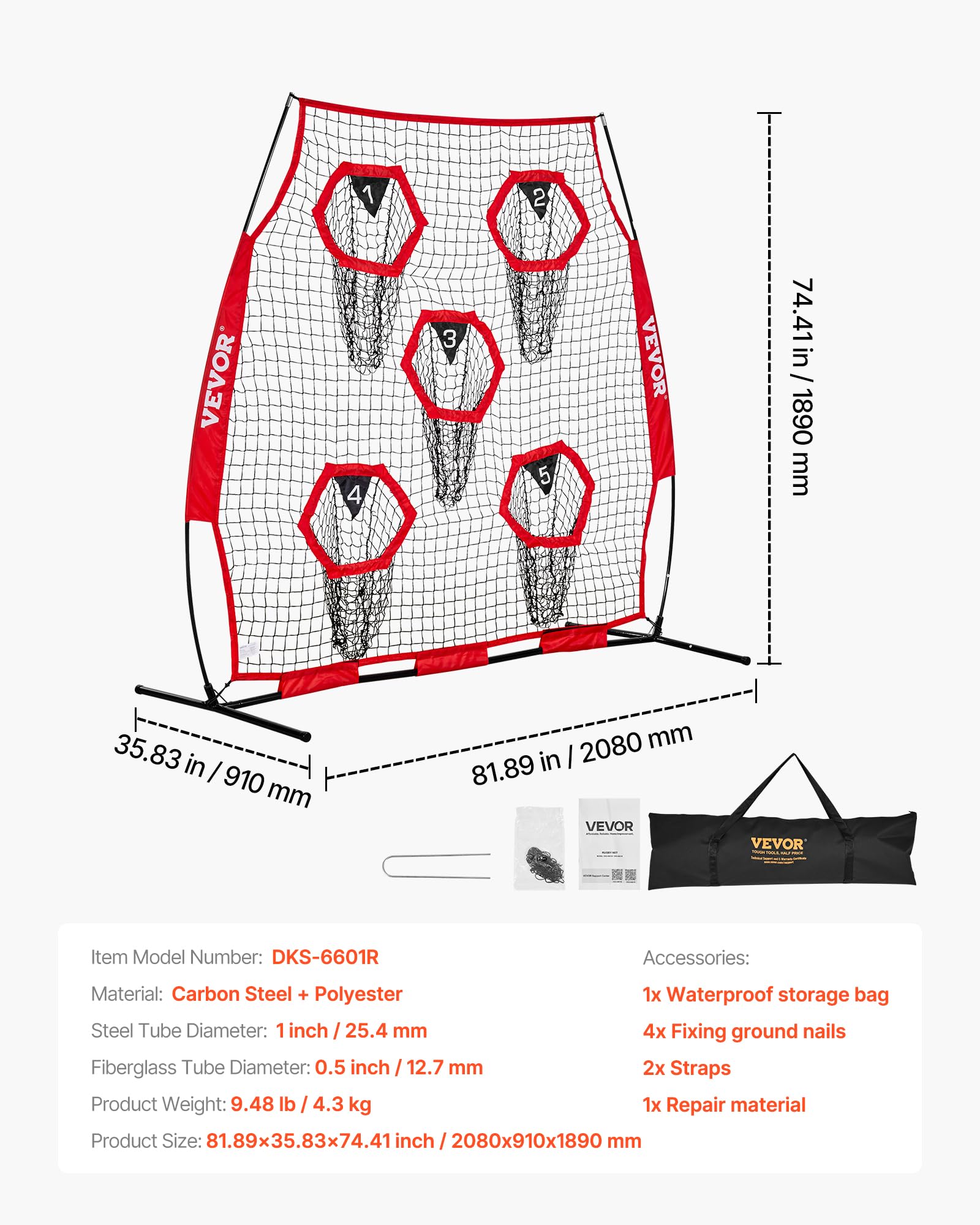 VEVOR Red de Lanzamiento para Entrenadores de fútbol, 1,8 x 1,8 m, Red de Entrenamiento con 5 Bolsillos para Diana, Red sin Nudos con Correas y Bolsa de Transporte, Mejora la precisión de Lanzamiento