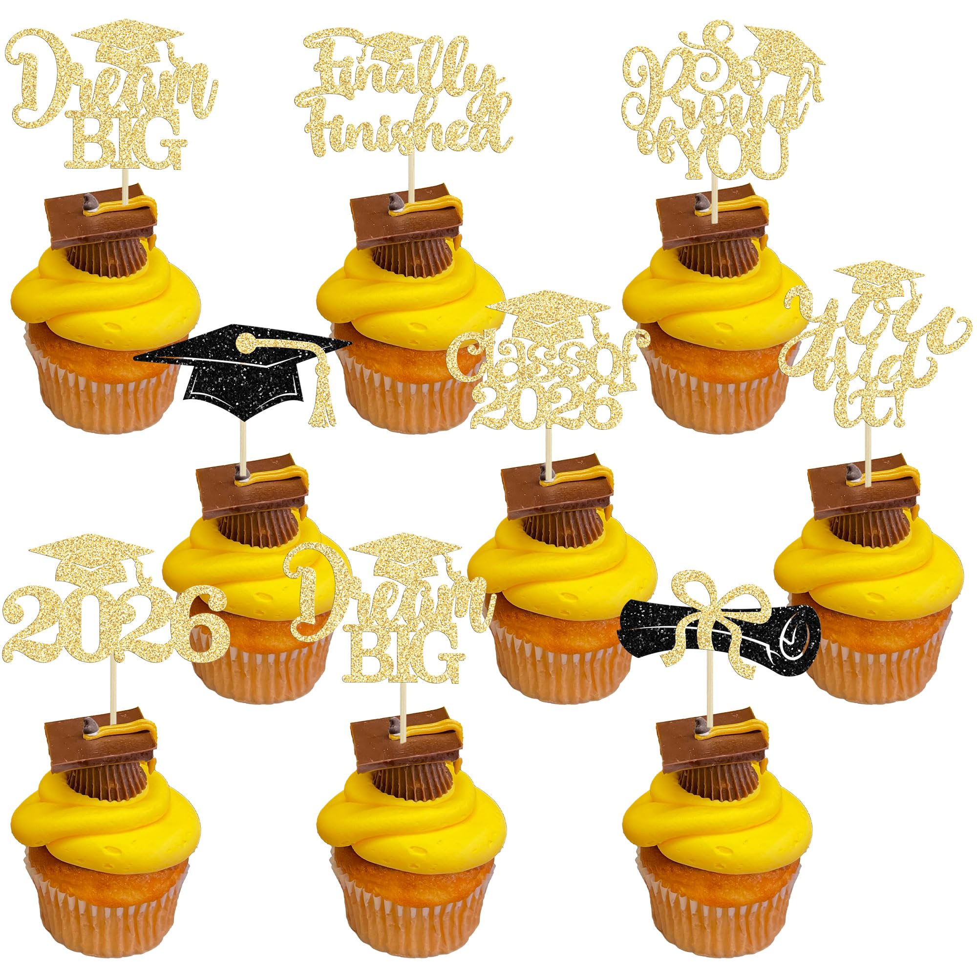 Gyufise 24Pcs Class of 2026 Graduation Cupcake Toppers Glitter So Proud of You Diploma Grad Cap Cupcake Picks Bright Future Congrate Grad Cake Decorations for 2026 Graduation Theme Party Gold