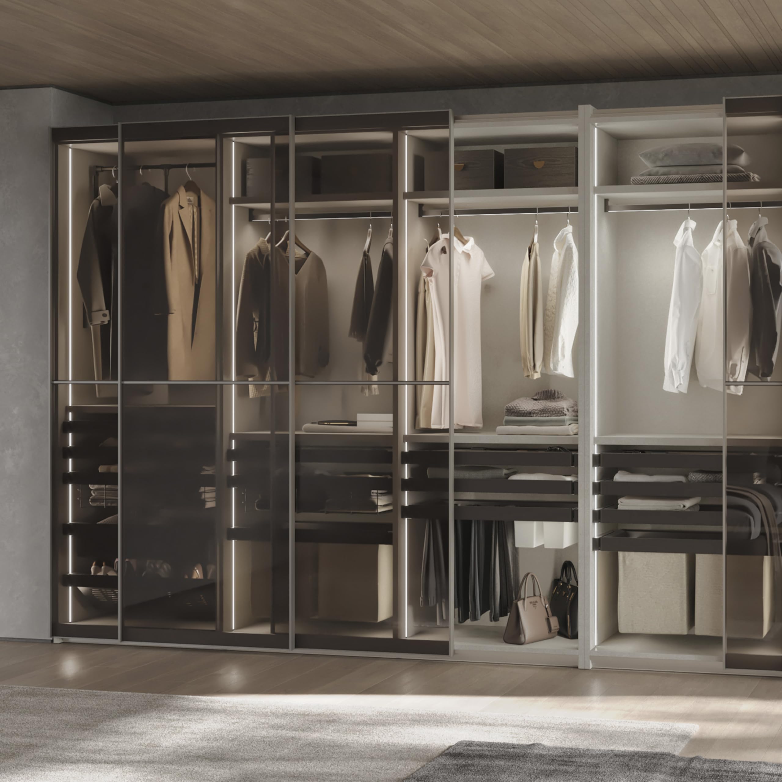 Emuca - Kit de porte-pantalon à 7tringles et rack ajustable Quartz pour armoires, glissières extension totale et à fermeture douce, Module 90cm, Finition Titane