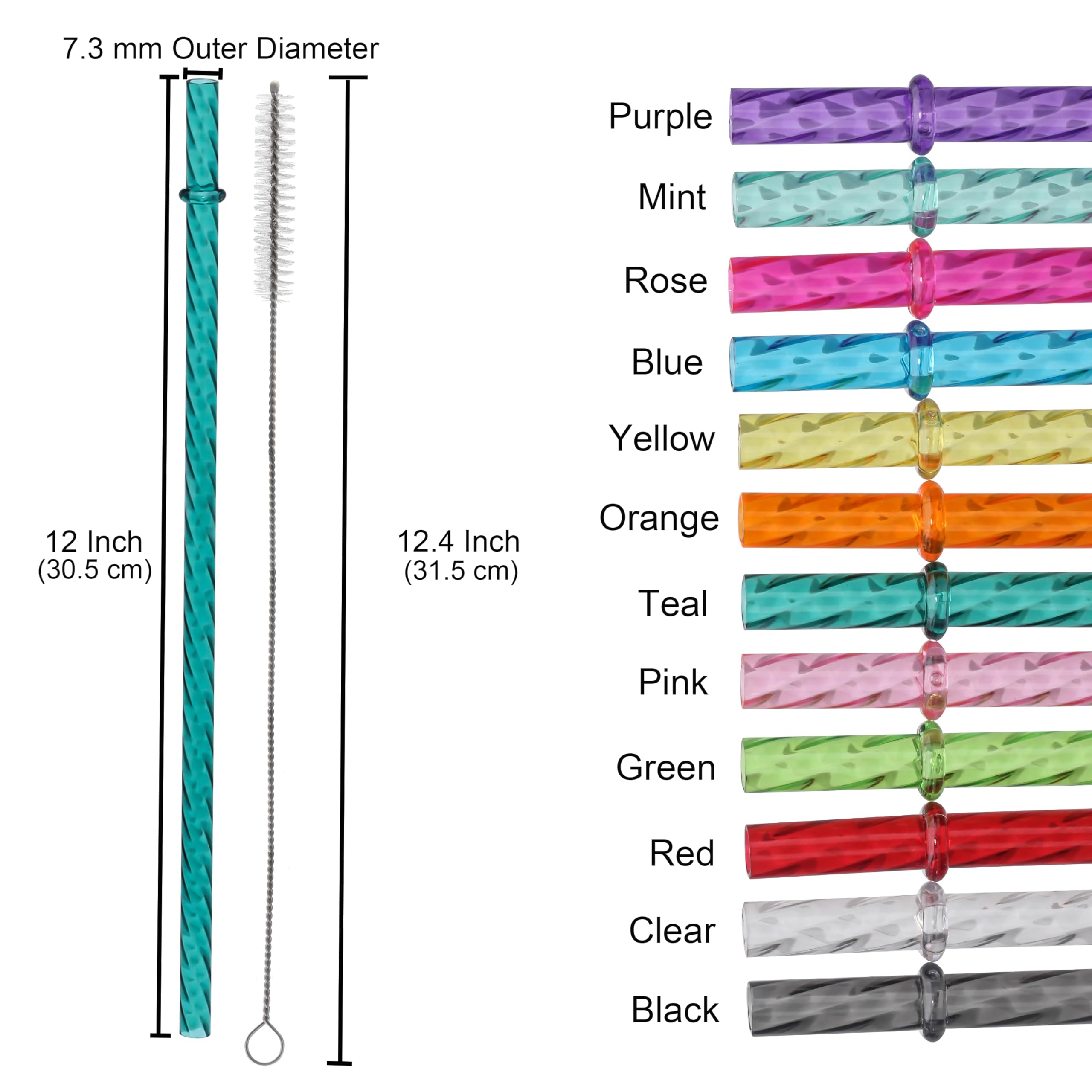 Dakoufish 12 Inch Long Reusable Clear Plastic Swirl Drinking Straws for 30 oz & 40 oz Jars/Tumblers,Set of 12 Pcs Replacement Straws with Cleaning Brush (12inch - Image 2