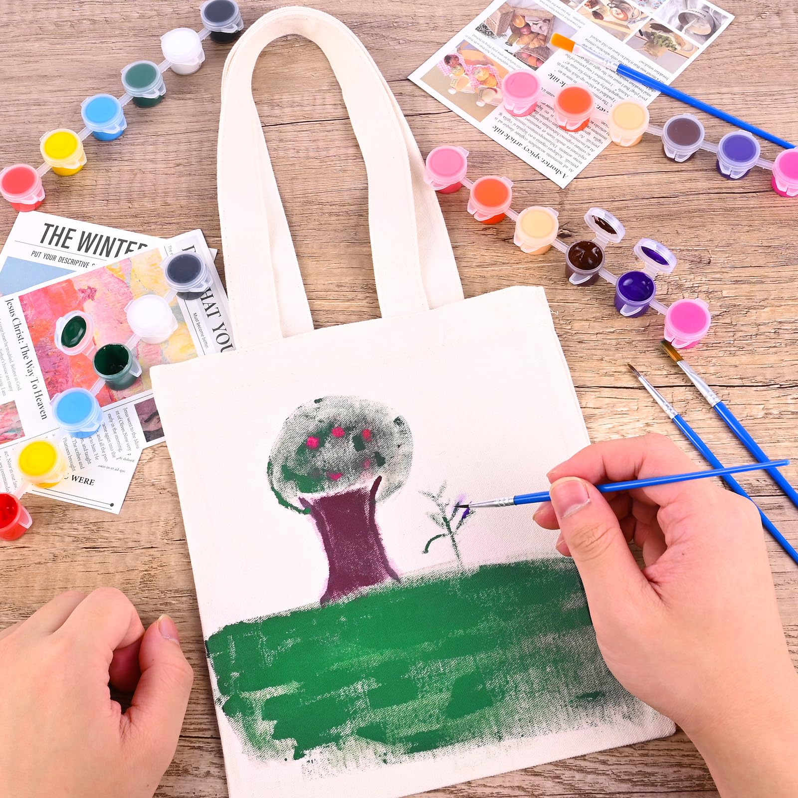 Zioffiel Small Canvas Tote Bags Bulk 24 Pack, Sublimation Tote Bags Blank with Acrylic Paint Set, Reusable Cotton Canvas Bags with Handles, Mini Tote Bag To Decorate DIY Crafts, 8"x8.6" - Image 7