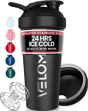 VELOMIX 24oz Stainless Steel Shaker Bottle with Wire Whisk, Black