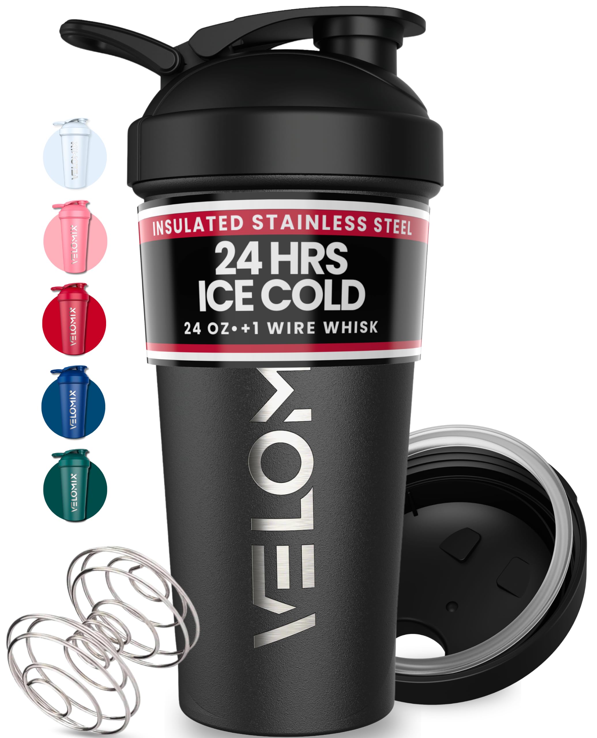 VELOMIX 24oz Stainless Steel Shaker Bottle with Wire Whisk, Black
