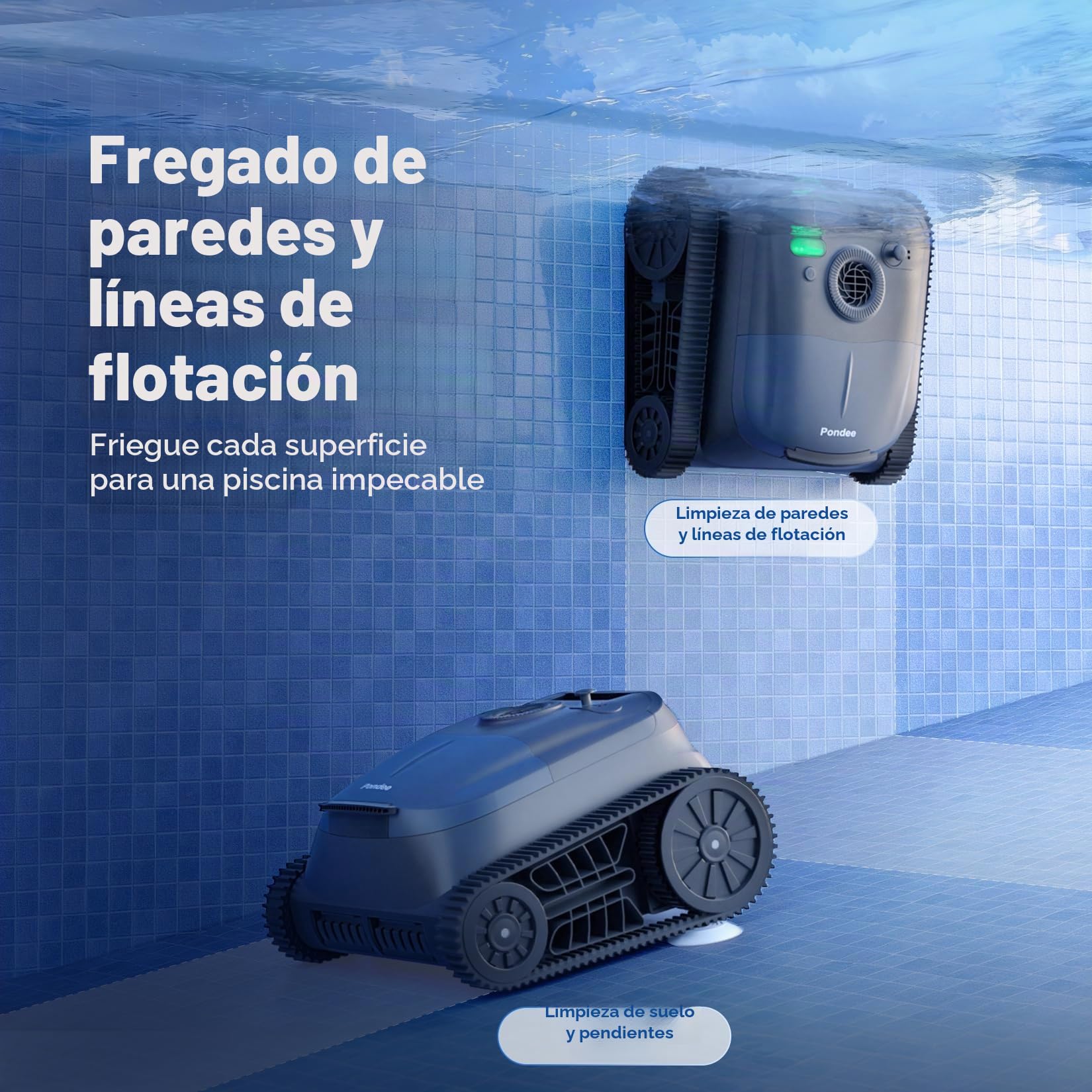 (2026 New) Pondee X5 Robot Limpiafondos Piscina y Paredes Sin Cable, Línea de Agua, Navegación Inteligente, Aspiradora 21 m³/h Saugkraft, 3 Motores Brushless, Autonomía 180 Min, Piscinas hasta 300m²