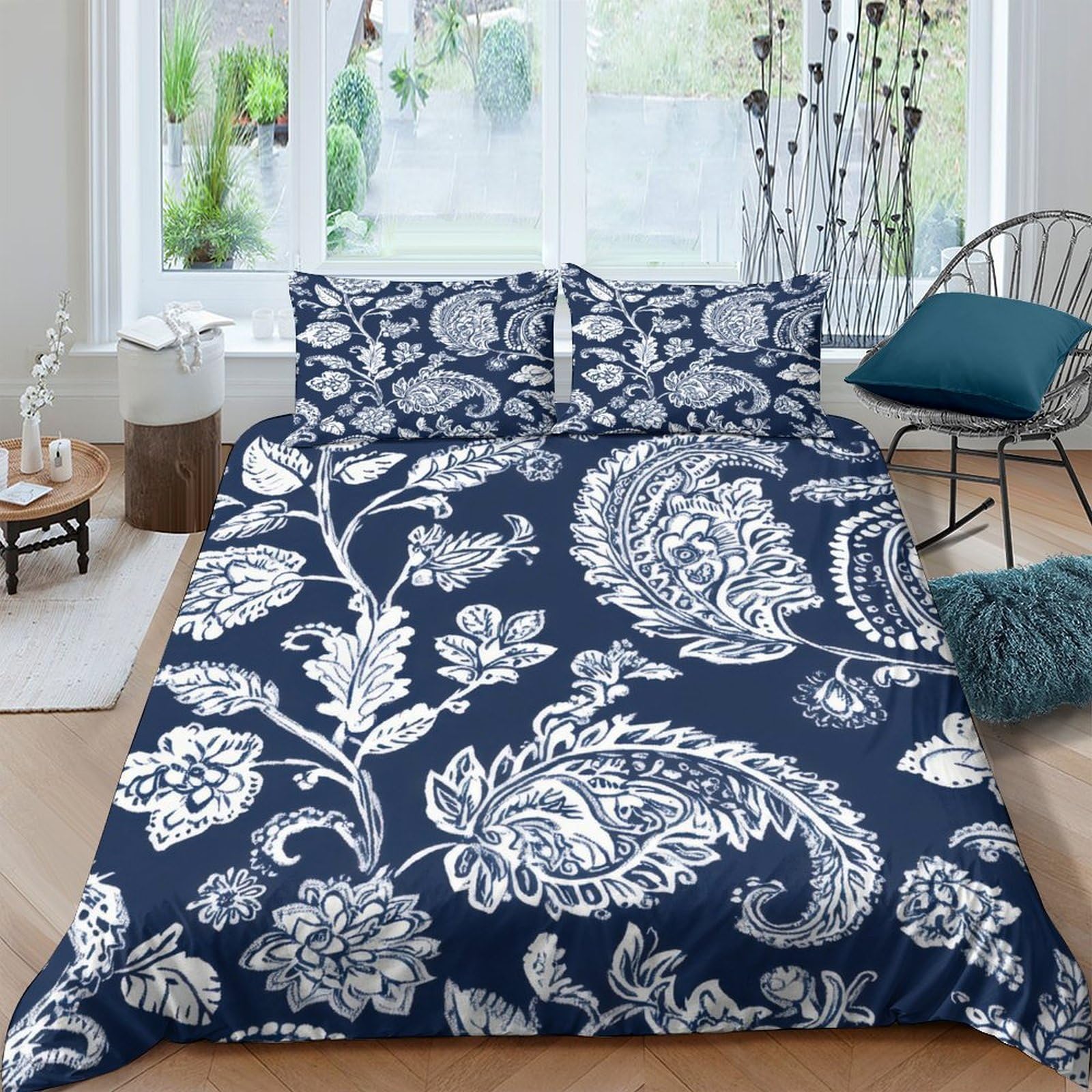 Ctjqhvkz Style-10 3D Printed Navy Paisley Floral Fitted Sheet Microfiber Soft Breathable White Baroque Mattress Cover For Bedroom Guest Room Decor Single（135X200cm）