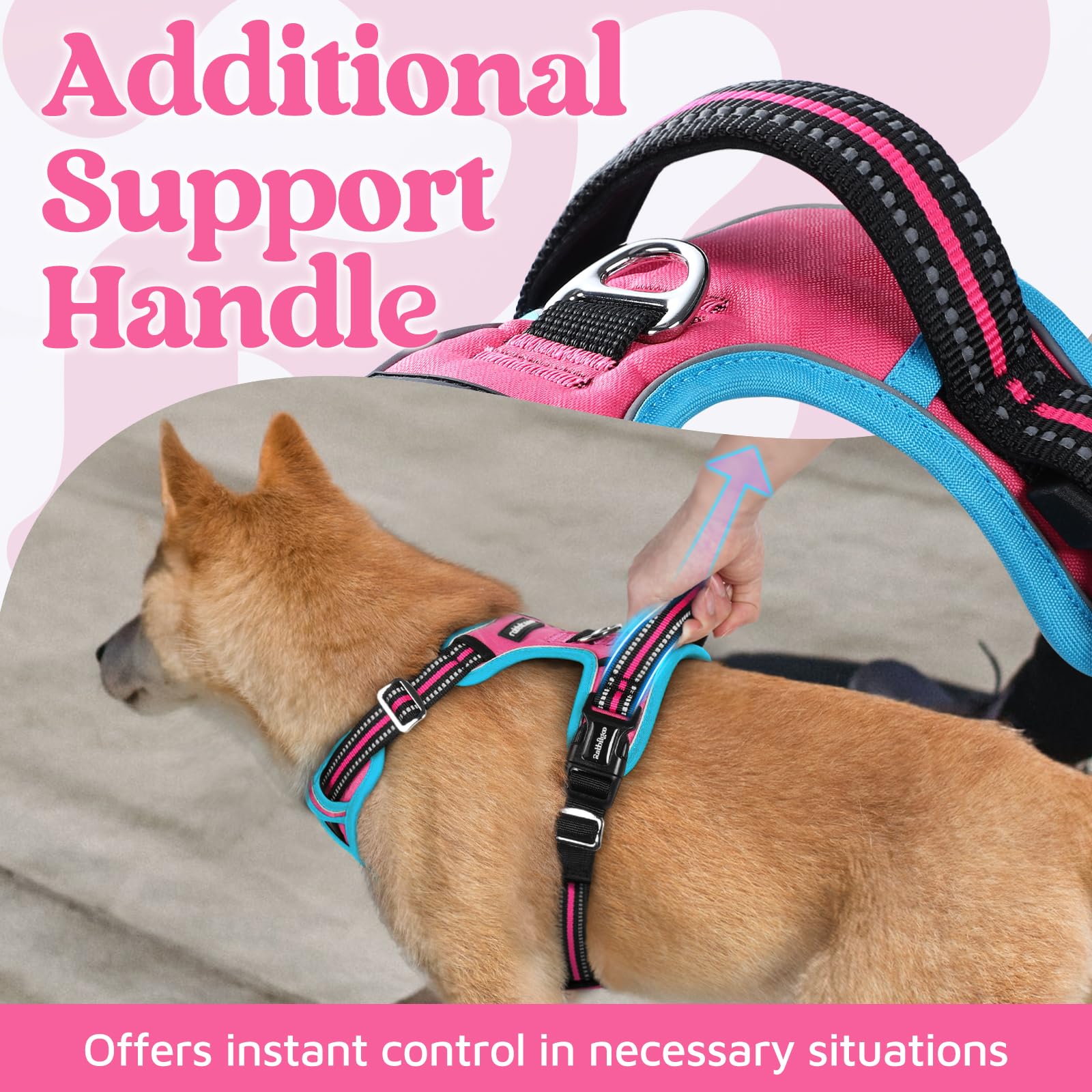 rabbitgoo Harnais pour chien de petite taille, gilet anti-traction pour chien avec 3 boucles, harnais rembourré doux réglable avec poignée de contrôle facile et bandes réfléchissantes, rose et bleu,
