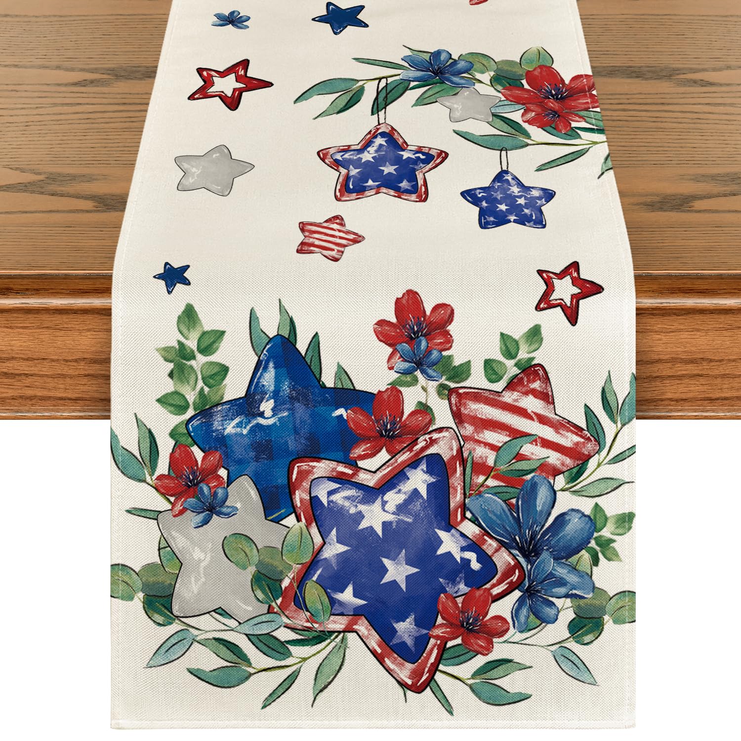 Artoid Mode Eucalyptus Flowers Stars Patriotic 4th of July Table Runner, Memorial Day Kitchen Dining Table Decoration for Home Party Decor 13x60 Inch