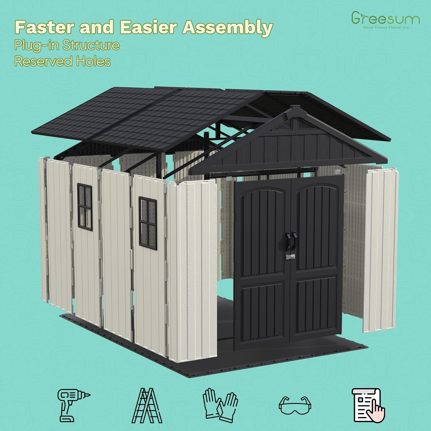 Greesum 8x12 FT Plastic Outdoor Storage Shed with Floor, Resin Sheds with Window and Lockable Door, Weather Resistant Organization for Garden, Patio, Pool Supplies, Beige