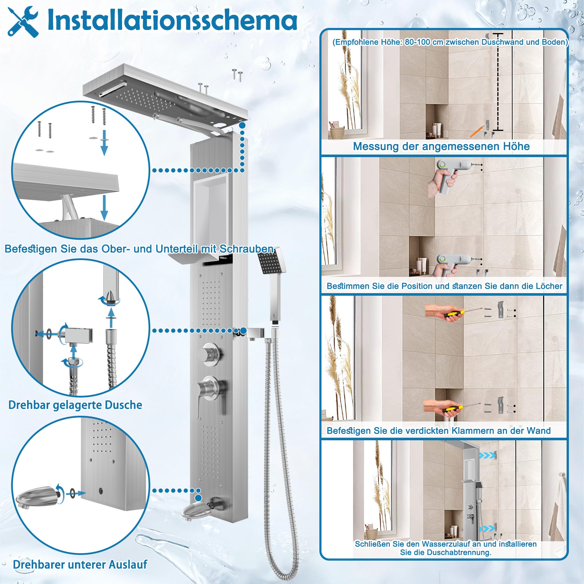 Aufun Duschpaneel aus Edelstahl mit Ablage und Armatur Duschpaneelsystem | 5 Funktionen Duschsäule mit Regendusche, Verstellbare Massagedüsen, Handbrause und Wanneneinlauf, Duscharmatur (Silber)
