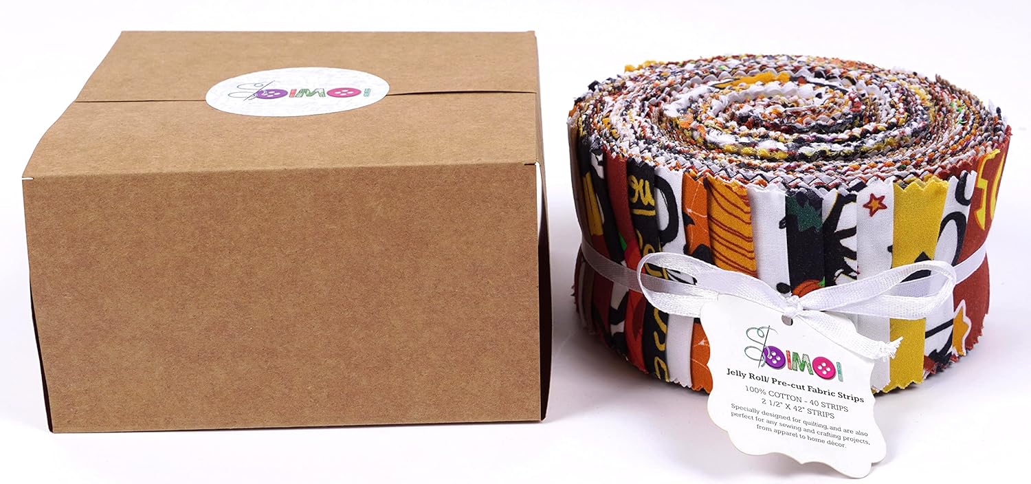 Soimoi 40Pcs Halloween Print Cotton Precut Fabrics for Quilting Craft Strips 2.5x42inches Jelly Roll - Multicolor