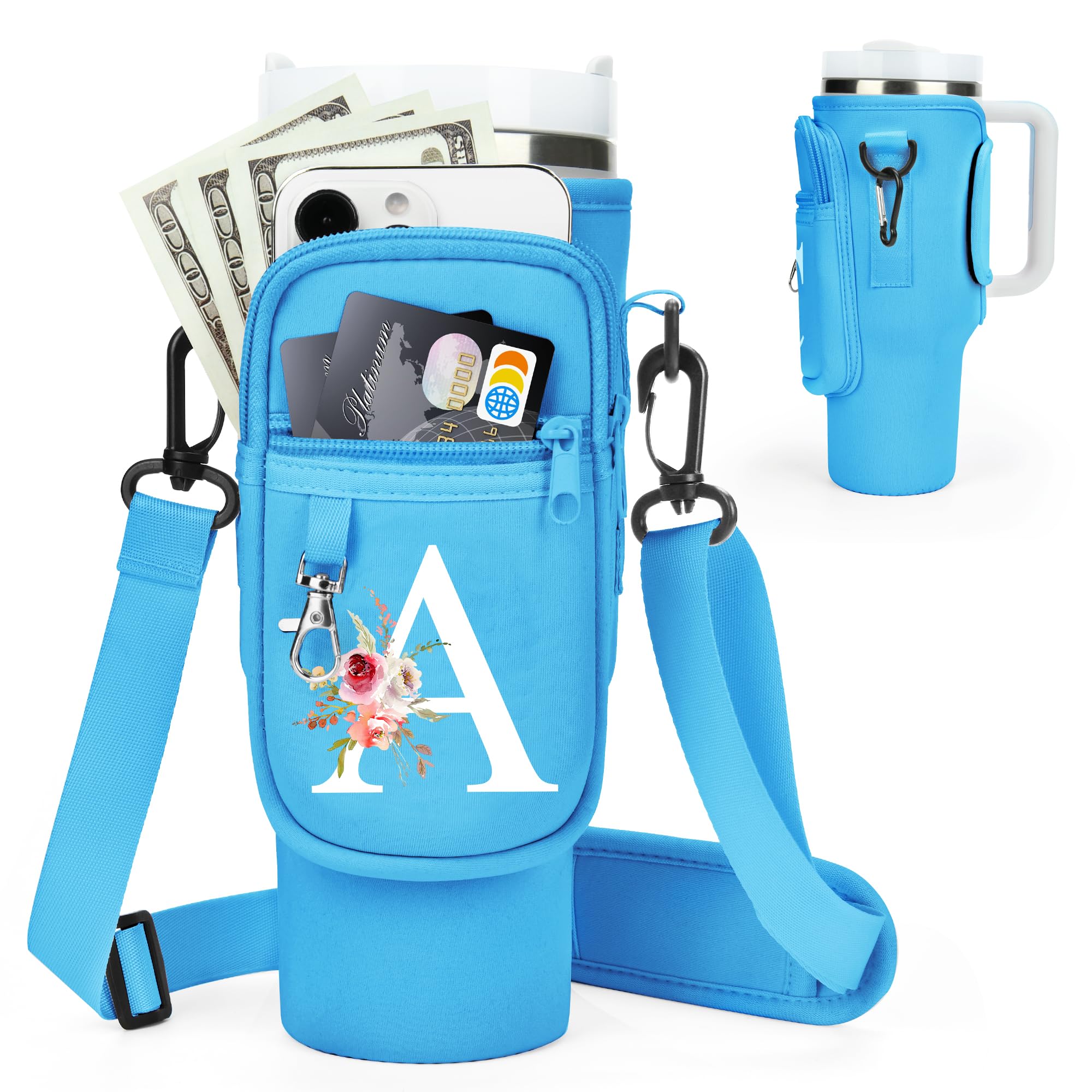 Initial Water Bottle Holder with Strap for Stanley Cup Accessories 40 oz Tumbler/Simple Modern Tumbler Bag, Water Bottle Carrier Bag with Strap,
