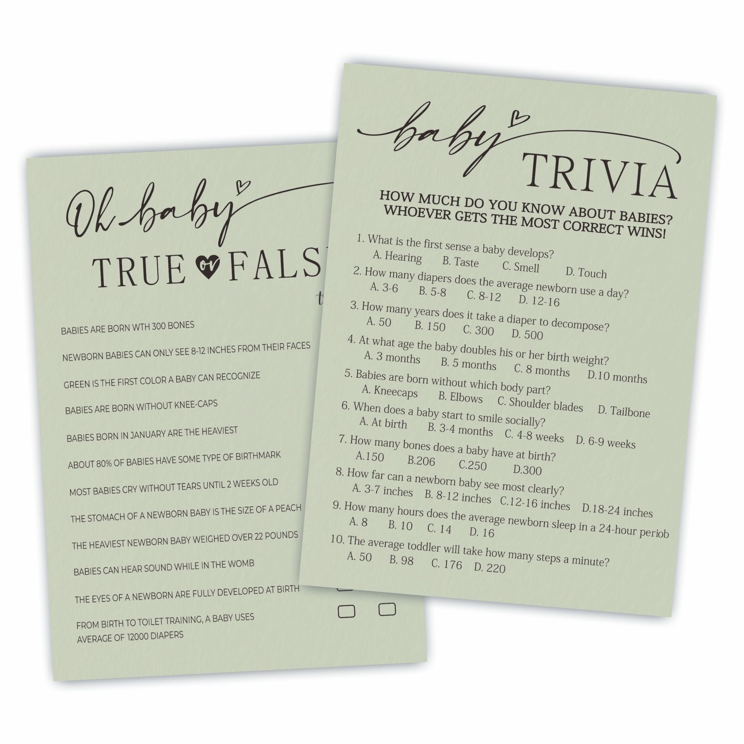 Psbrn Minimalism Baby Shower Activities-True Or False & Baby Trivia Theme Game Cards for Boys & Girls-30 Gray Green Game Cards(5x7”) & 1 Answer Card(4x6”) - Shower Party Supplies & Decorations-A09