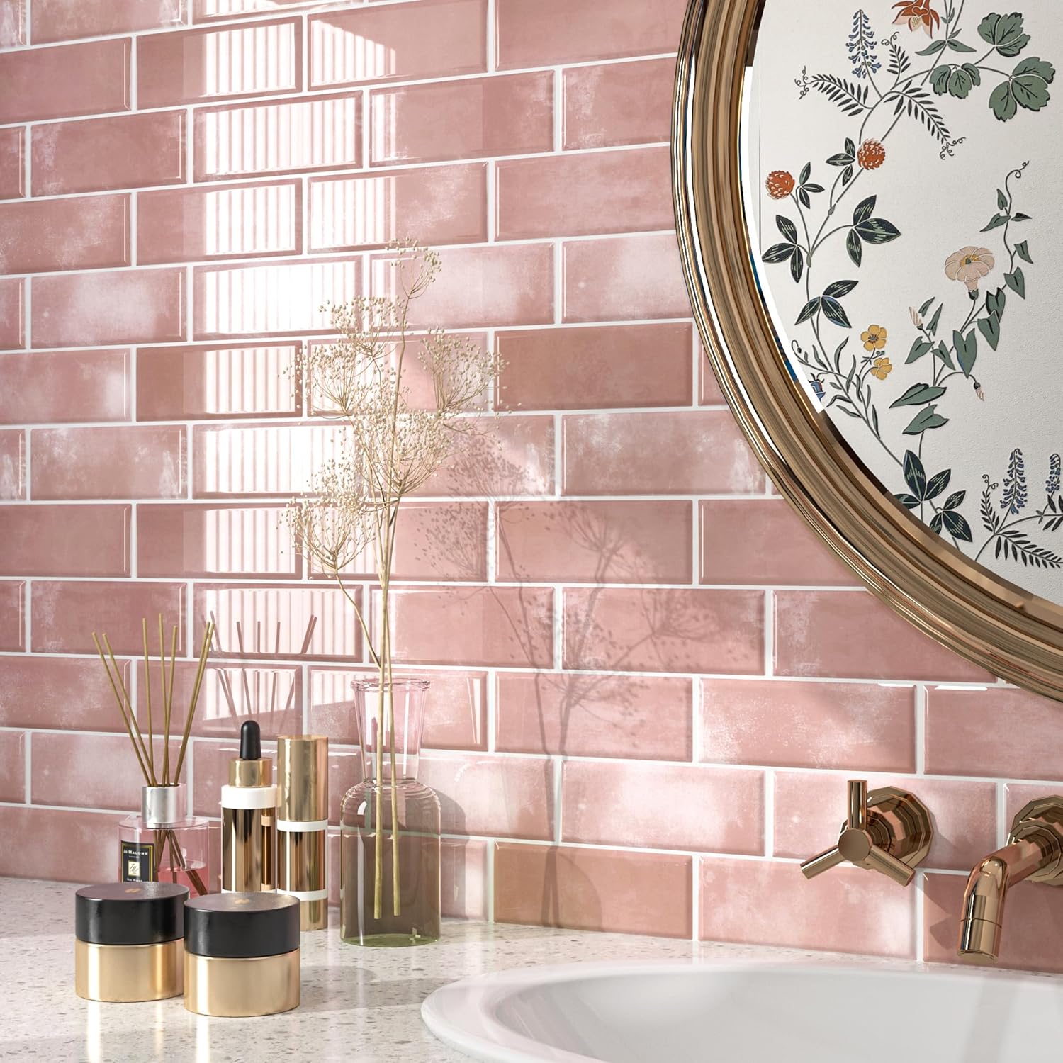 FunStick 15 Pcs Pastel Pink Backsplash Tile Peel and Stick Subway Tile Pink Peel and Stick on Backsplash Tiles Stickers for Kitchen Wall Tiles 12"x12" Self Adhesive Back Splashes for Bathroom Shower