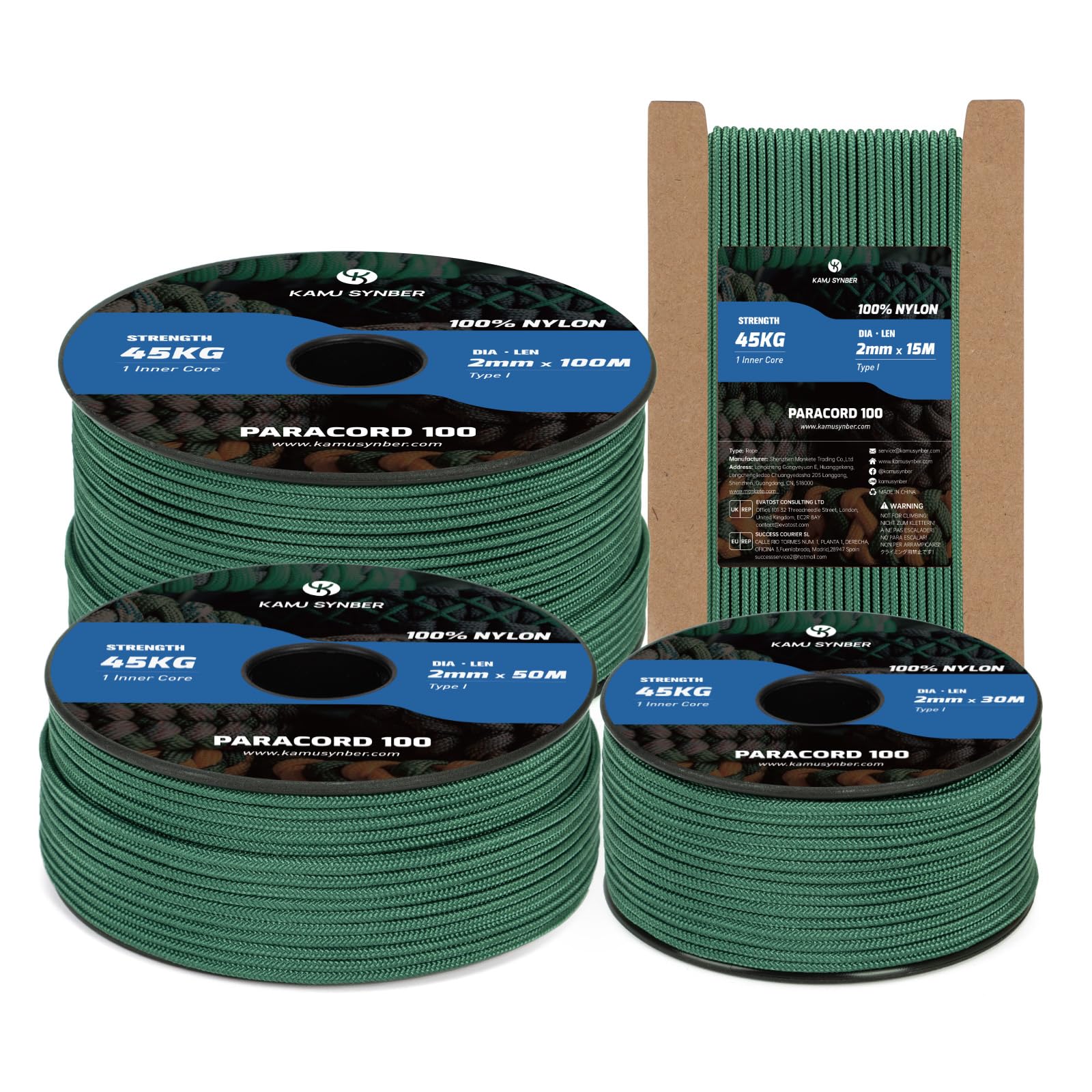Kamu Synber 2mm Paracord 100M 100% Nylon Rope 1 Strand Type I Parachute Cord for Crafting, Outdoor, DIY, Camping | Support 45kg | Dark Green