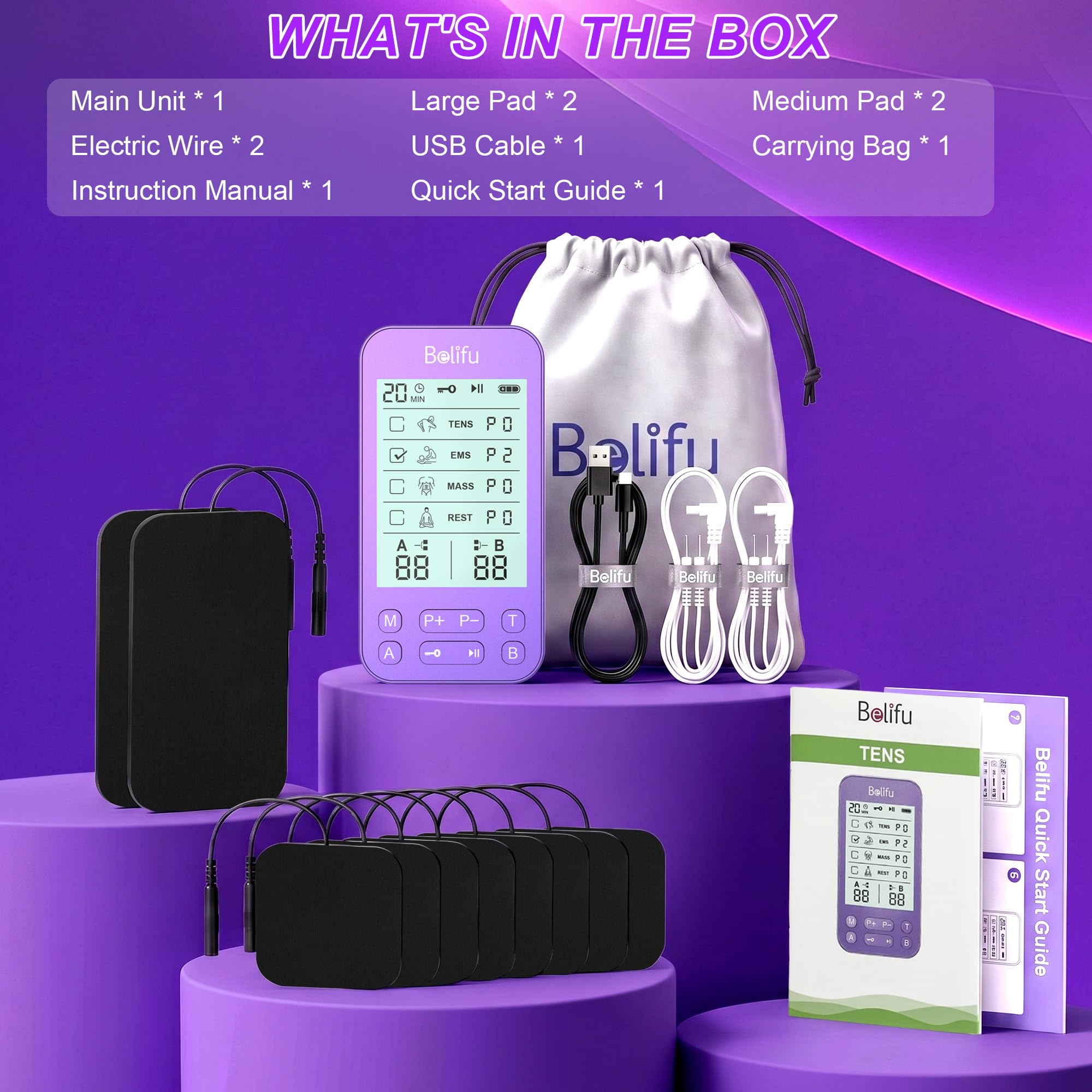 Belifu TENS Muscle Stimulator Unit for Pain Relief, Electronic Pulse Therapy Machine with 36 Mode 20 Intensities, Rechargeable & Portable – Neck, Back, Shoulder, Joint Pain Relief, Color Purple — Amazon image 8