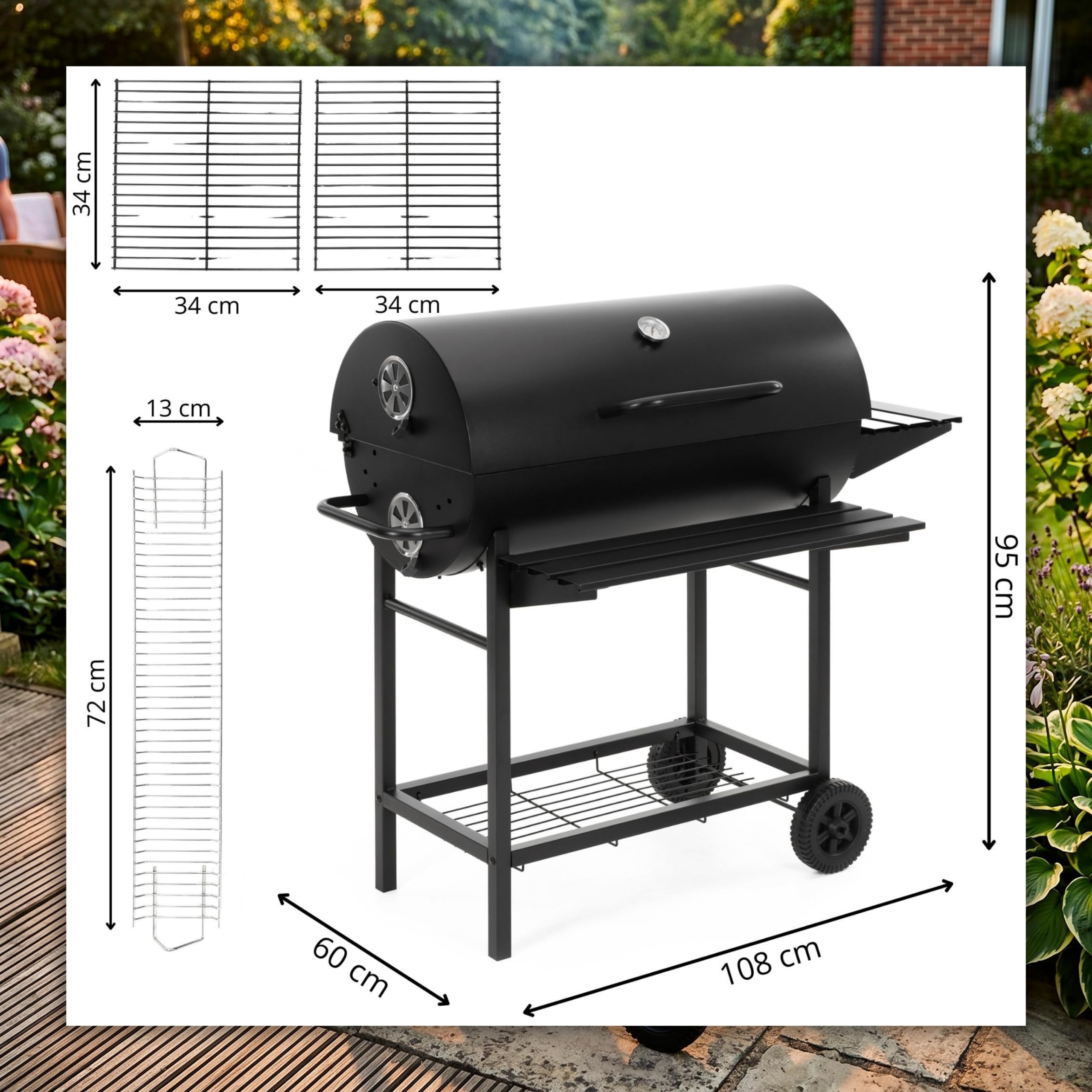 Springos Barbacoa de carbón vegetal con ruedas, bandeja de carbón ajustable en altura, termómetro, rejilla para calentar el calor, estantes laterales, barbacoa, ahumador, barbacoa de jardín para