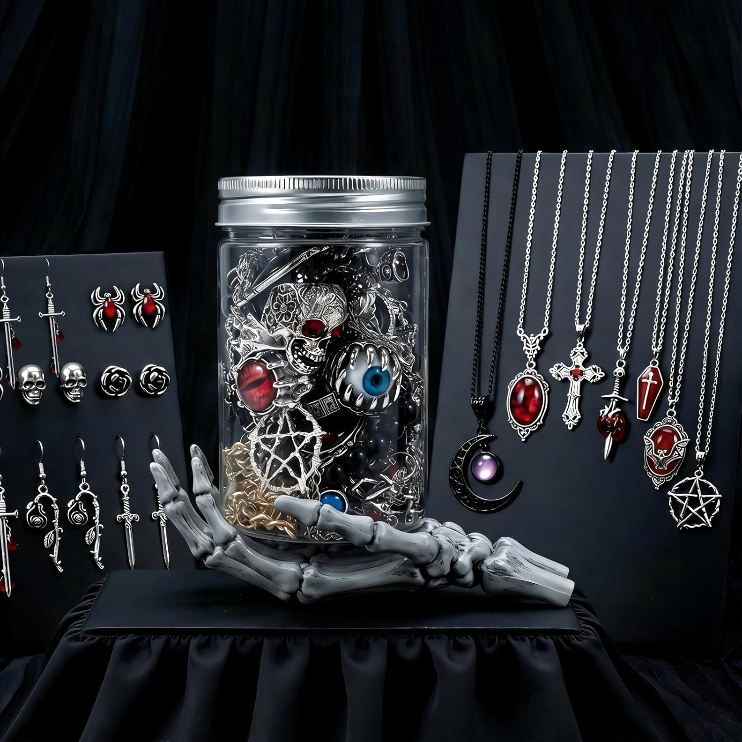 Mystery Jewelry Jar - 35 Pieces Gothic Surprise Jewelry Box Includes Necklaces, Earrings, Rings and Bracelets, Alternative Jewelry Set as Perfect Witchy Gifts for Women