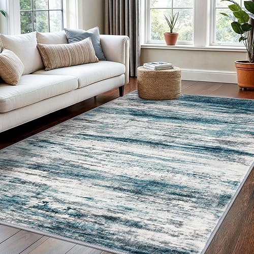 Miniatura 167 de KOZYFLY Alfombra moderna abstracta lavable de 2.6 x 10 pies, antideslizante, suave, alfombra de camino de cocina, alfombra a rayas azules óxido para