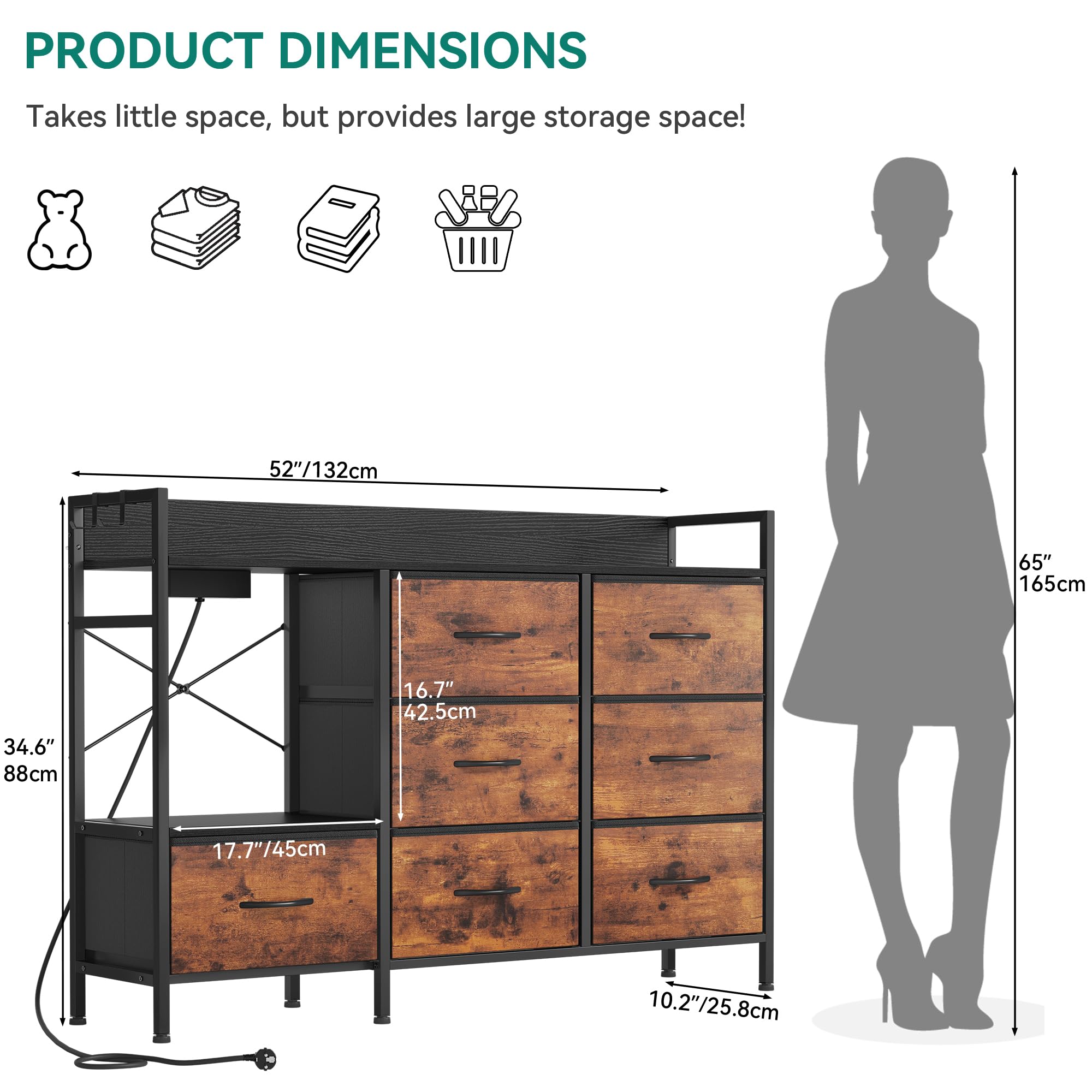 DWVO Kommode Schlafzimmer, Kommode mit 7 Stoffschubladen, 2 Steckdosen, 2 USB-Anschlüssen, TV-Schrank mit seitlichen Haken, rustikales Braun